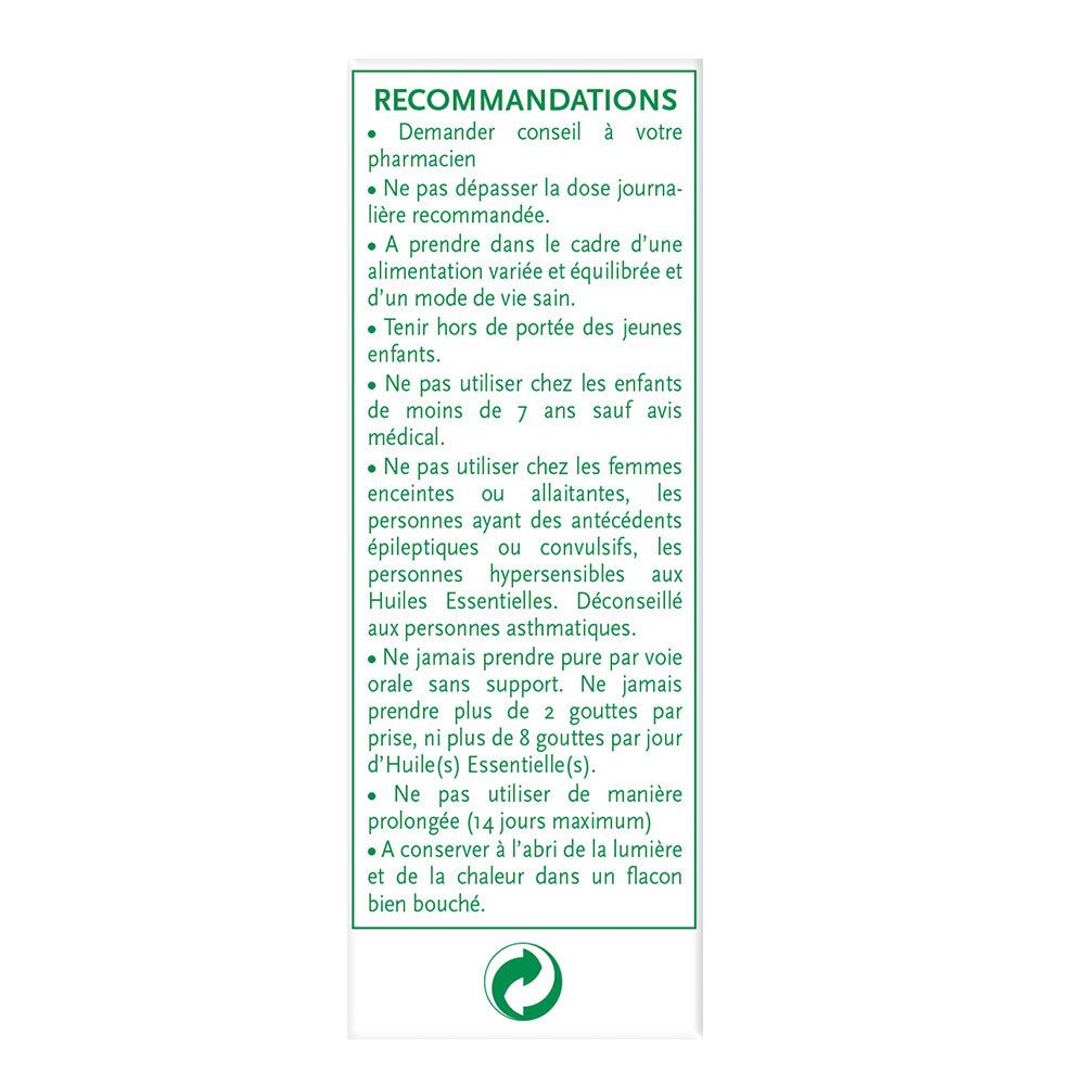 Boîte verte avec texte. Contient recommandations et précautions d'emploi.