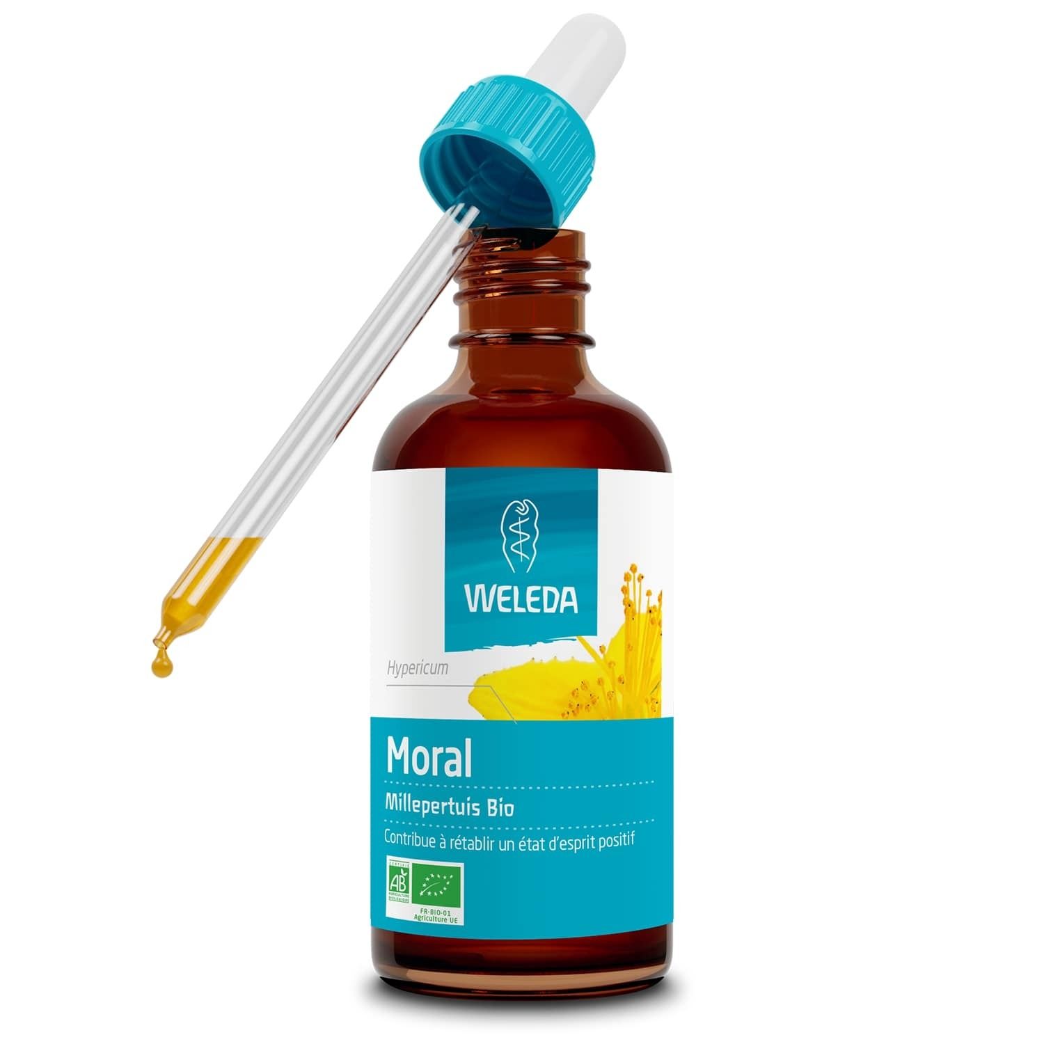 Flacon en verre brun avec pipette. Logo WELEDA, Millepertuis Bio, texte: Moral, contribue à un état d'esprit positif. Label AB-Bio.