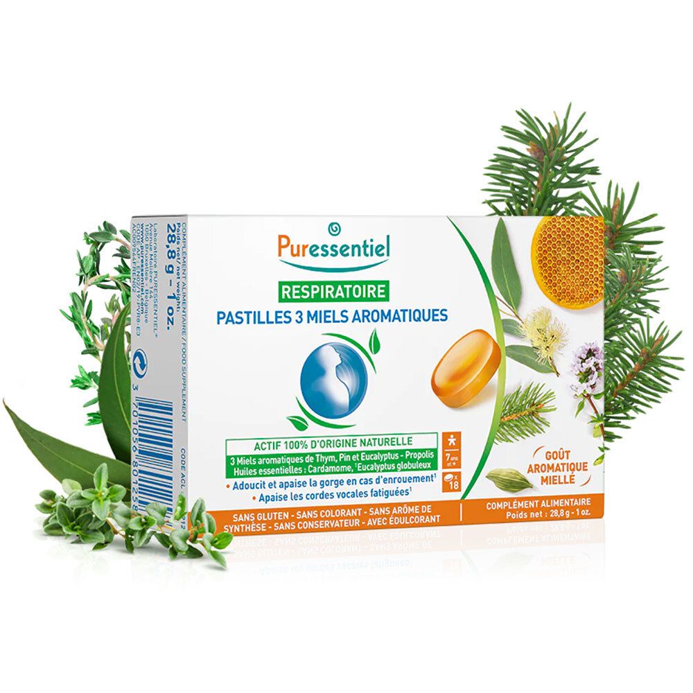 Boîte de pastilles PURESSENTIEL RESPIRATOIRE. 18 pastilles aux 3 miels aromatiques. Vert, blanc, jaune. Avec des plantes.