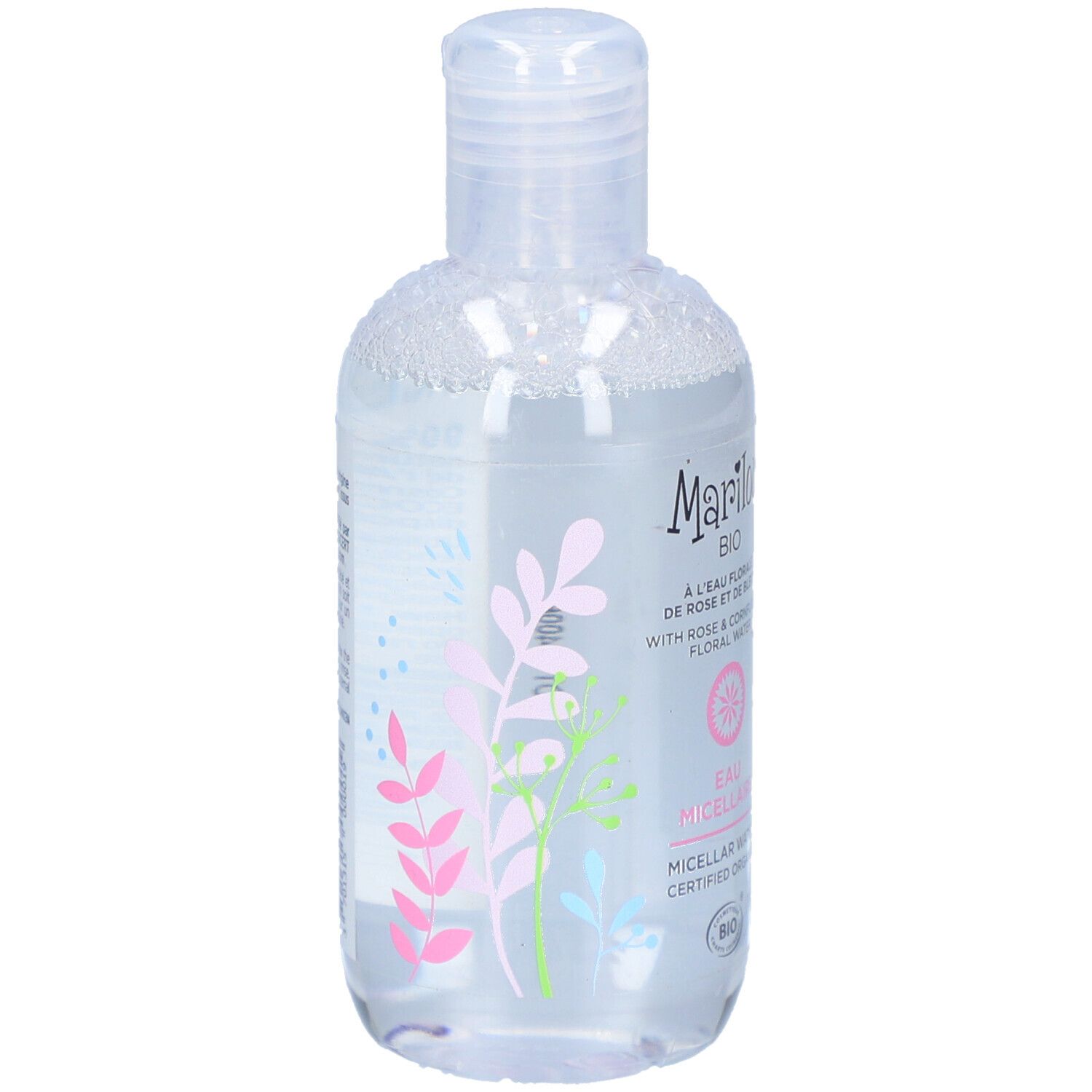 Flacon transparent de MARILOU BIO Eau Micellaire. Inscription: A L'EAU FLORALE DE ROSE ET DE BLEUET. Avec eau florale de rose et de bleuet.