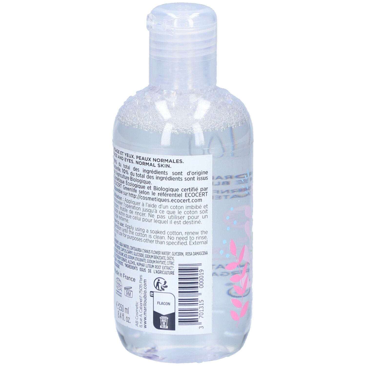 Dos d'un flacon transparent d'eau micellaire MARILOU BIO. Texte: Pour peaux normales et yeux. Certification ECOCERT.