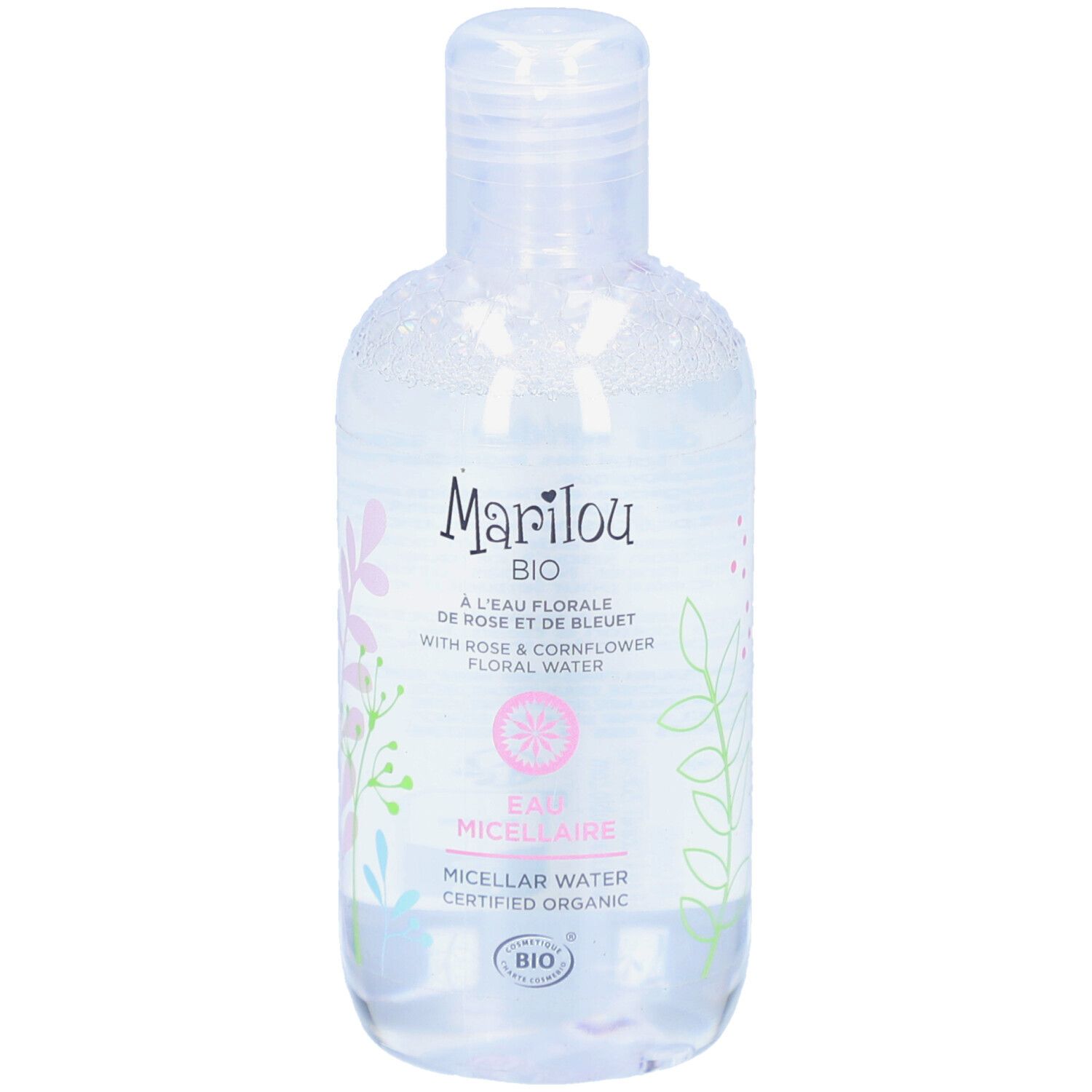 Flacon transparent de MARILOU BIO Eau Micellaire. Inscription: A L'EAU FLORALE DE ROSE ET DE BLEUET. Avec eau florale de rose et de bleuet.