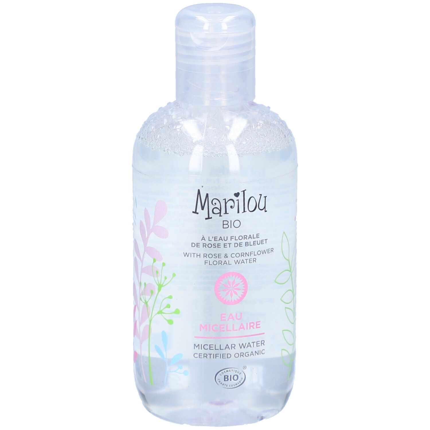 Flacon transparent de MARILOU BIO Eau Micellaire. Inscription: A L'EAU FLORALE DE ROSE ET DE BLEUET. Avec eau florale de rose et de bleuet.
