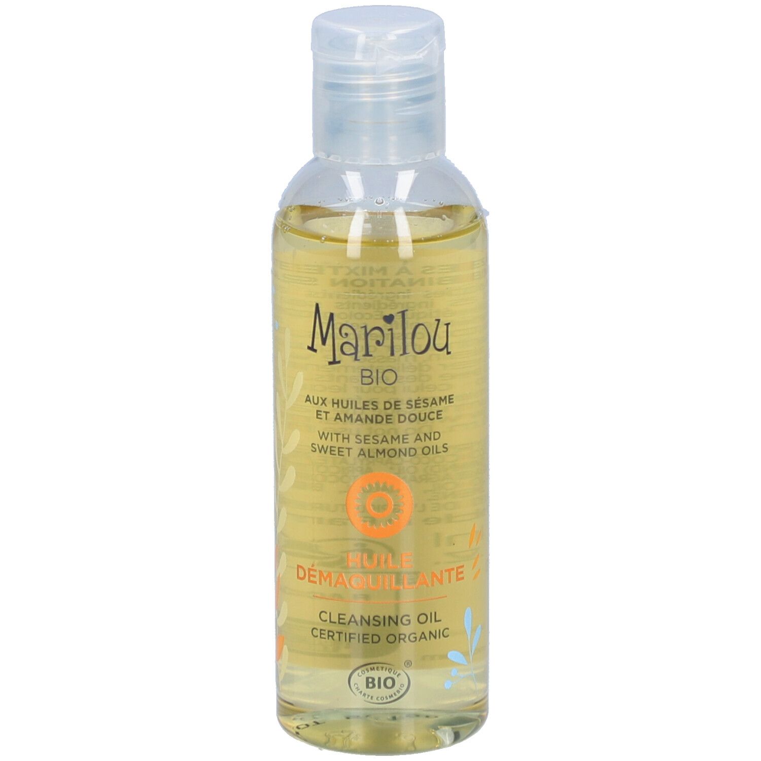 Flacon transparent d'huile démaquillante Marilou Bio. Inscriptions: Huile Démaquillante, certifié bio.