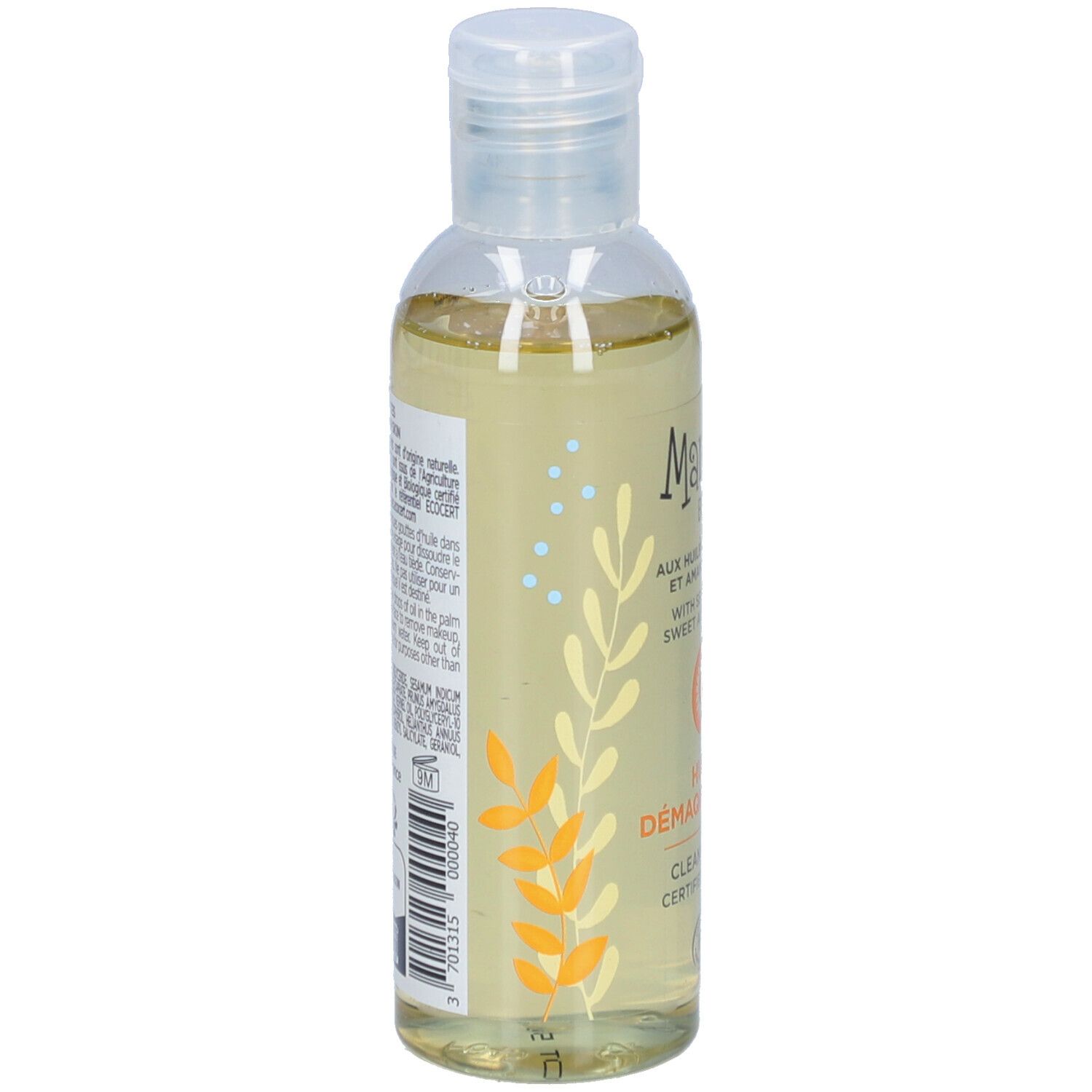 Flacon transparent d'huile démaquillante Marilou Bio. Texte au dos du flacon.