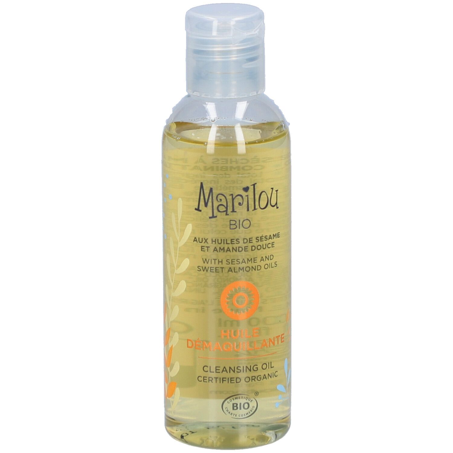 Flacon transparent d'huile démaquillante Marilou Bio. Inscriptions: Huile Démaquillante, certifié bio.