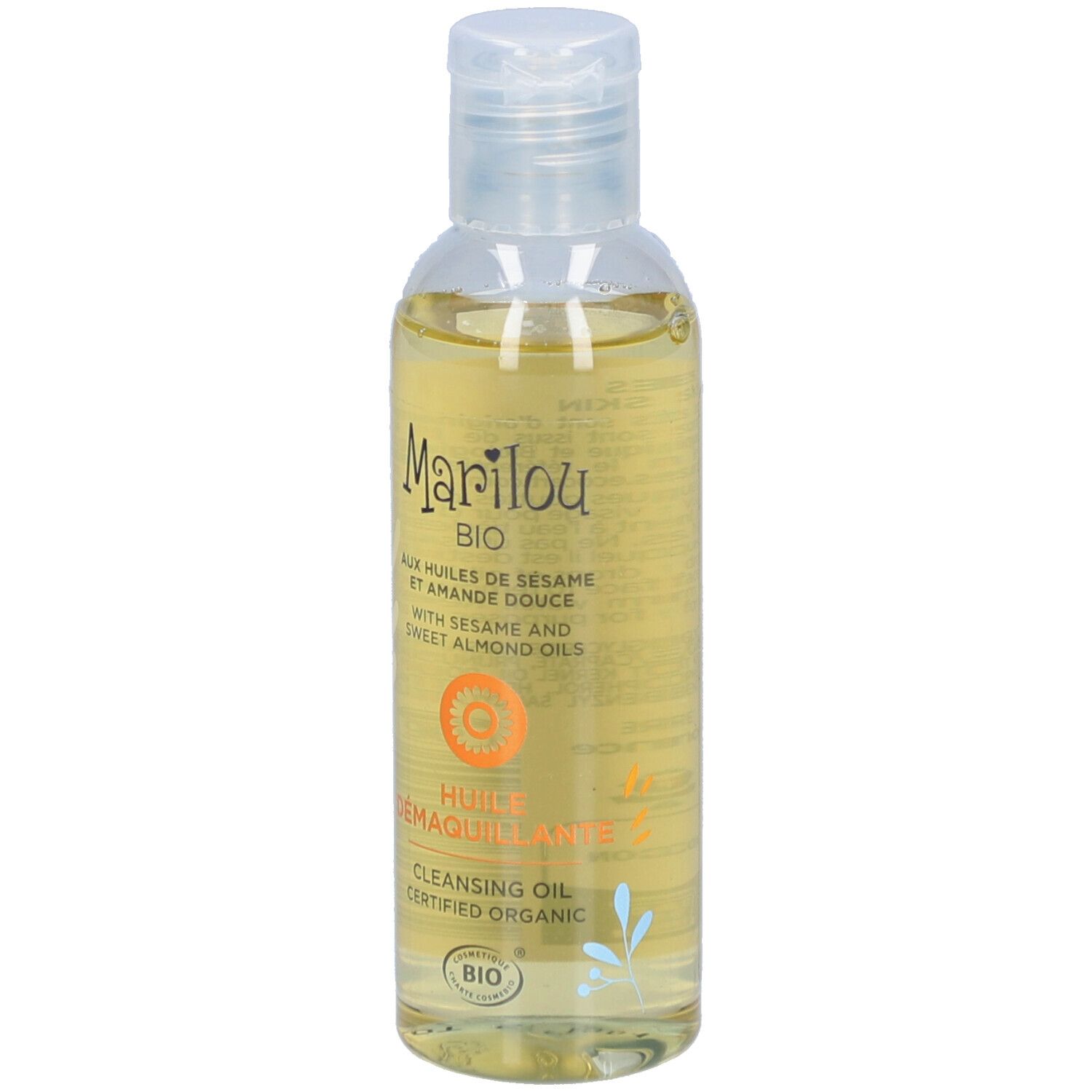 Flacon transparent d'huile démaquillante Marilou Bio. Inscriptions: Huile Démaquillante, certifié bio.