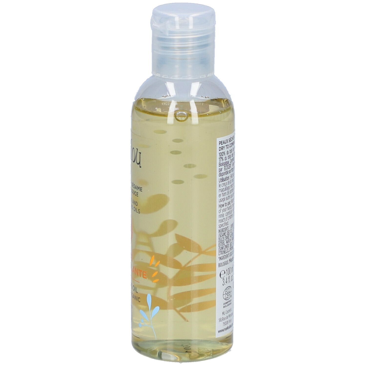 Flacon transparent d'huile démaquillante Marilou Bio. Texte au dos du flacon.