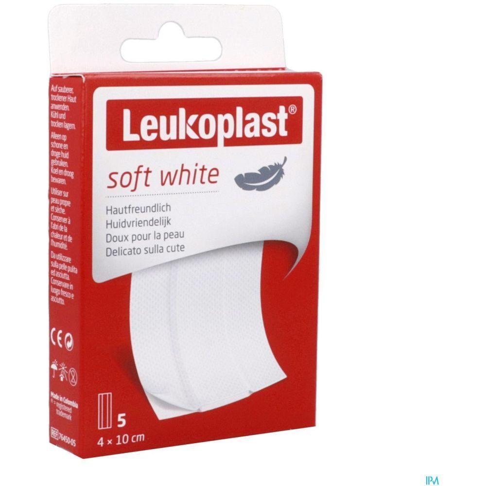 Boîte de pansements blancs prédécoupés. Texte: soft white, doux pour la peau, 5 pièces, 4 x 10 cm. Marquage CE.