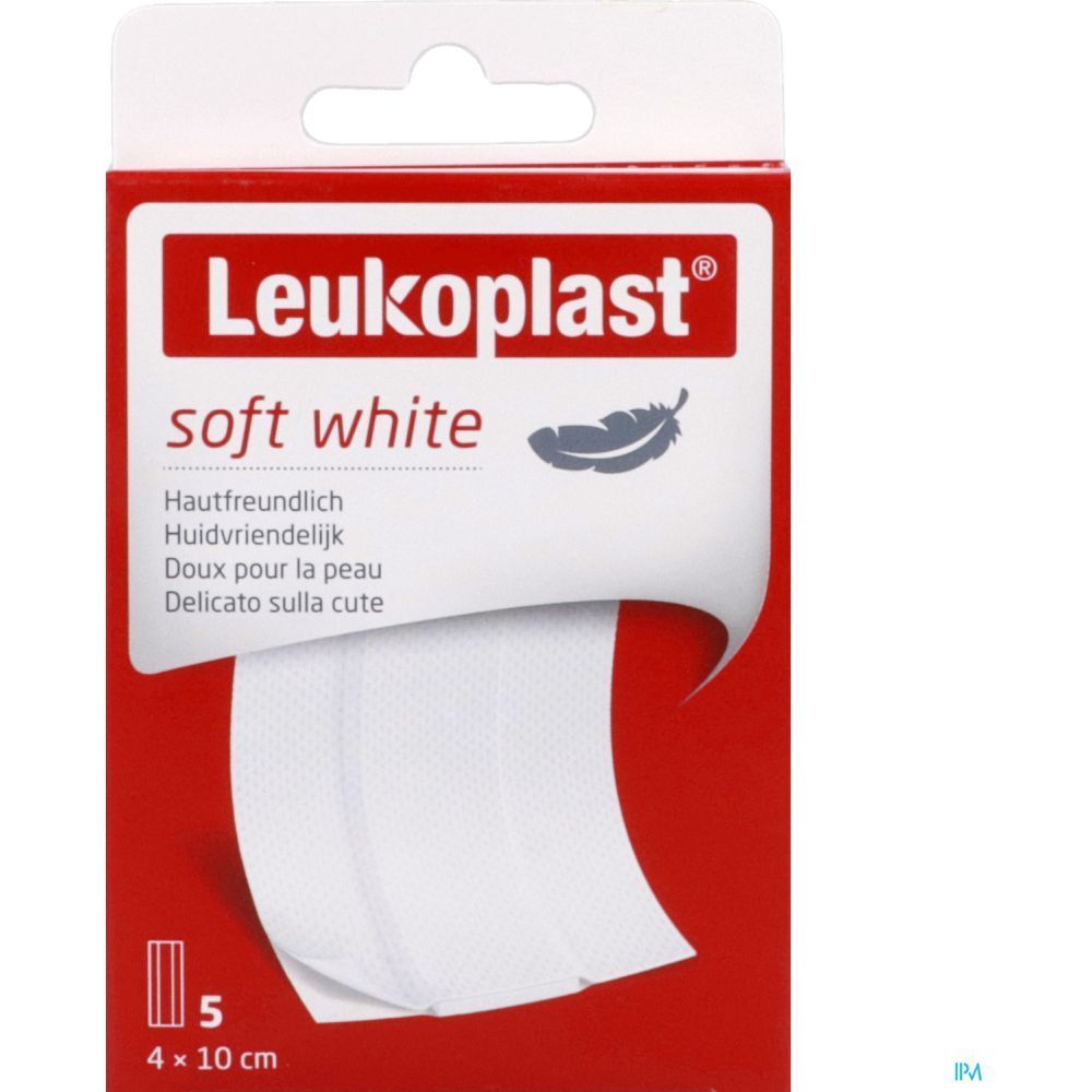 Boîte de pansements blancs prédécoupés. Texte: soft white, doux pour la peau, 5 pièces, 4 x 10 cm.