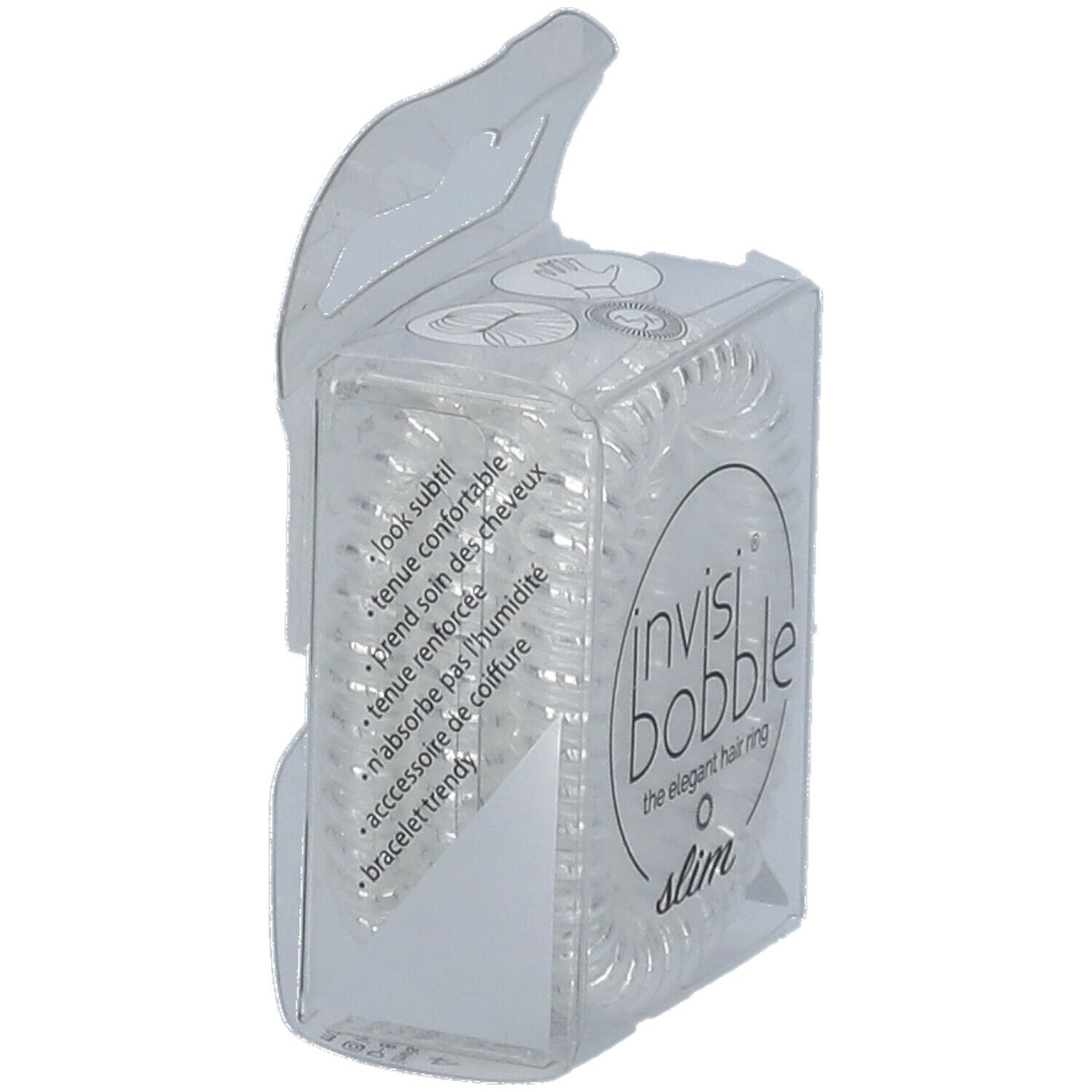 Elastiques à cheveux invisibobble® Slim transparents en emballage. Inscription : invisibobble®, Slim, the elegant hair ring. Texte sur l'emballage.