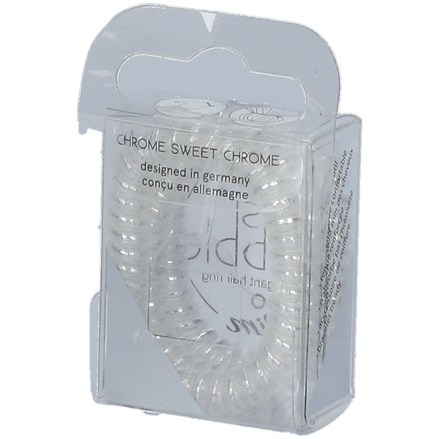 Elastiques à cheveux invisibobble® Slim transparents en emballage. Inscription : CHROME SWEET CHROME, designed in germany.