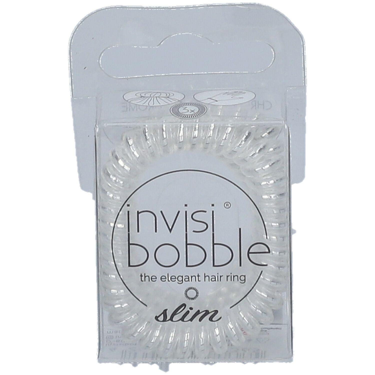 Elastiques à cheveux invisibobble® Slim transparents en emballage. Inscription : invisibobble®, Slim, the elegant hair ring.