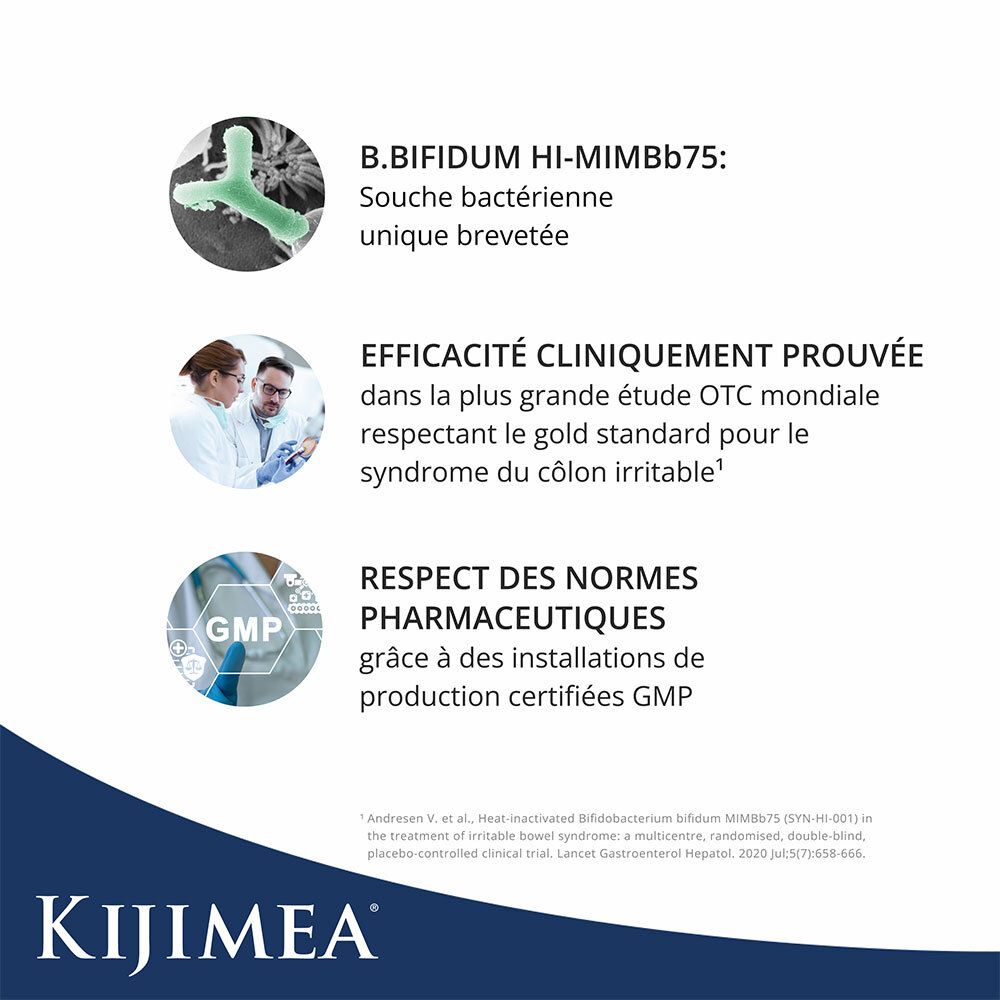 Boîte KIJIMEA® Côlon Irritable PRO. Contient 30 gélules. Texte sur les ingrédients et l'utilisation. Label FSC.