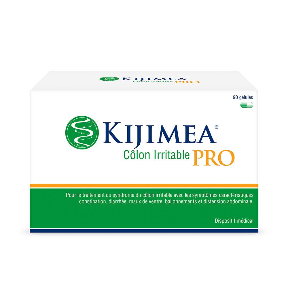 Boîte blanche KIJIMEA Côlon Irritable PRO. 90 gélules. Combinaison de couleurs verte et blanche. Dispositif médical.