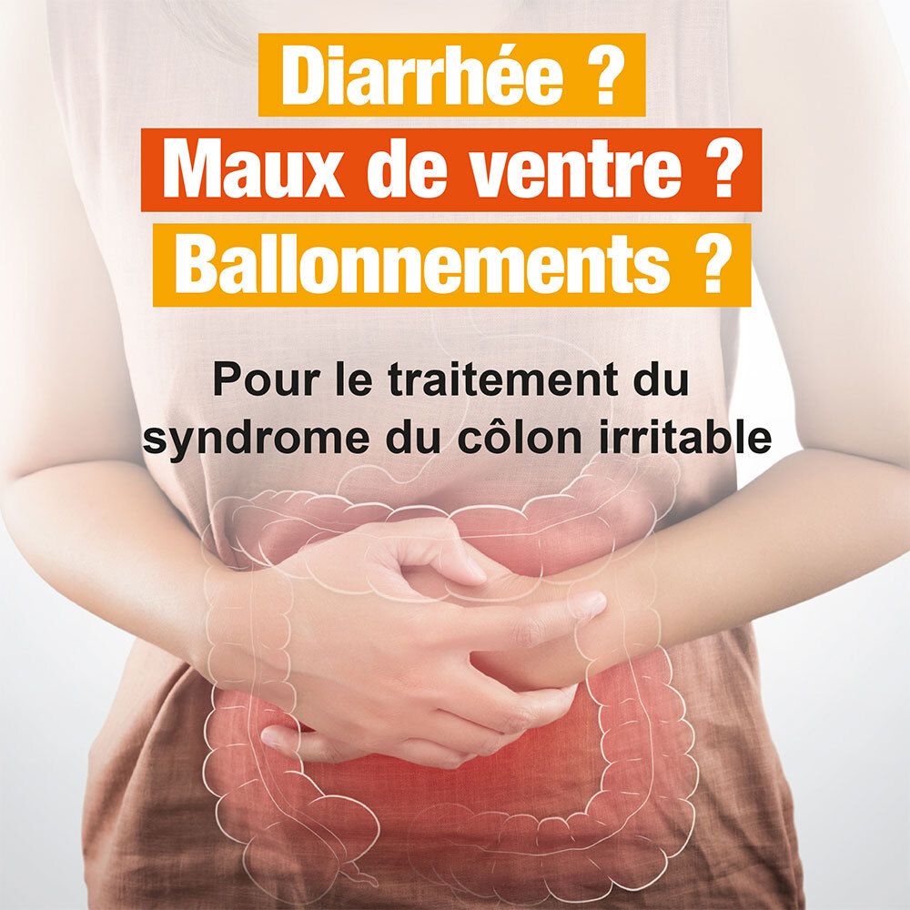 Personne avec mal de ventre. Texte : Diarrhée ? Maux de ventre ? Ballonnements ? Pour le traitement du syndrome du côlon irritable.