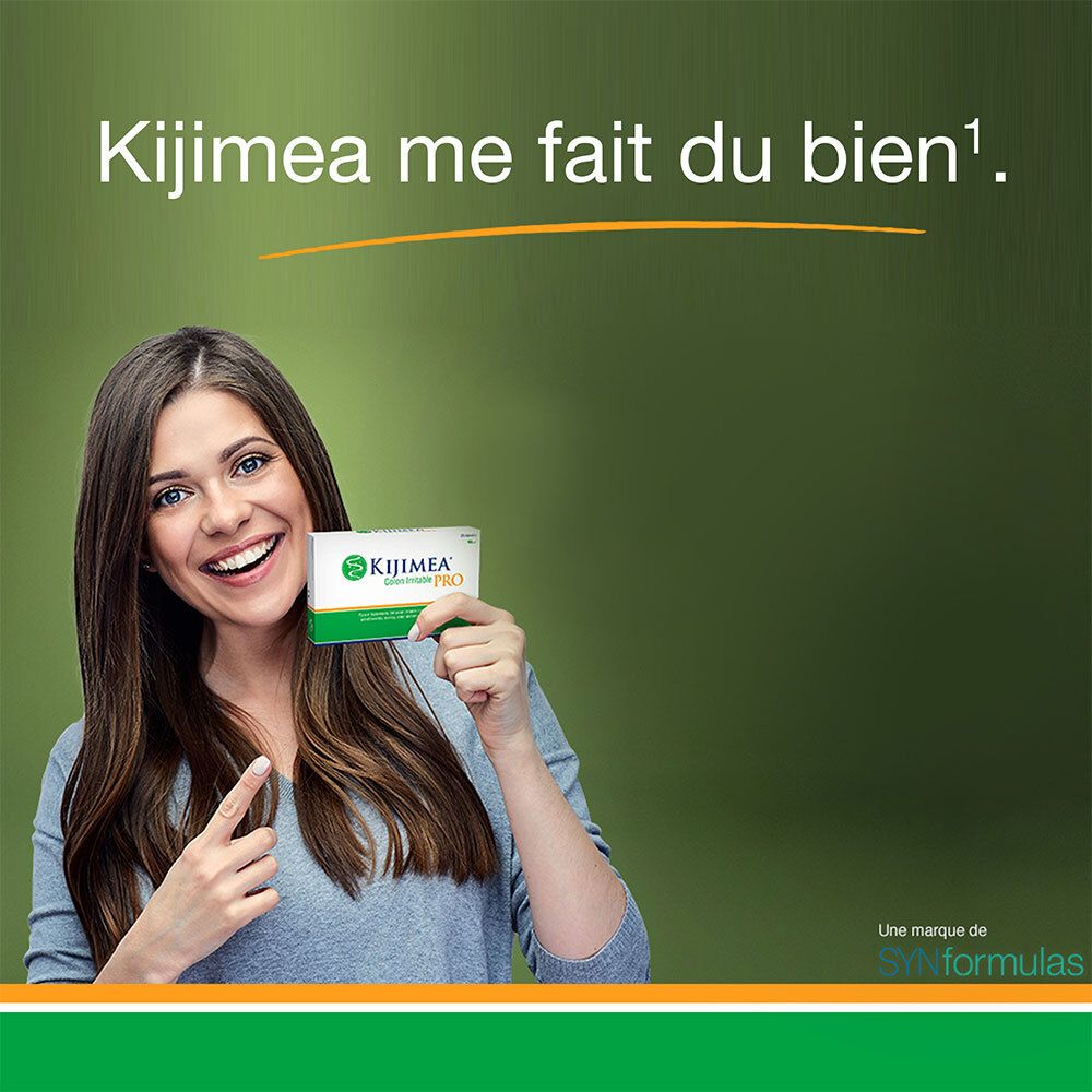 Femme souriante tenant une petite boîte KIJIMEA Côlon Irritable PRO. Texte : Kijimea me fait du bien.