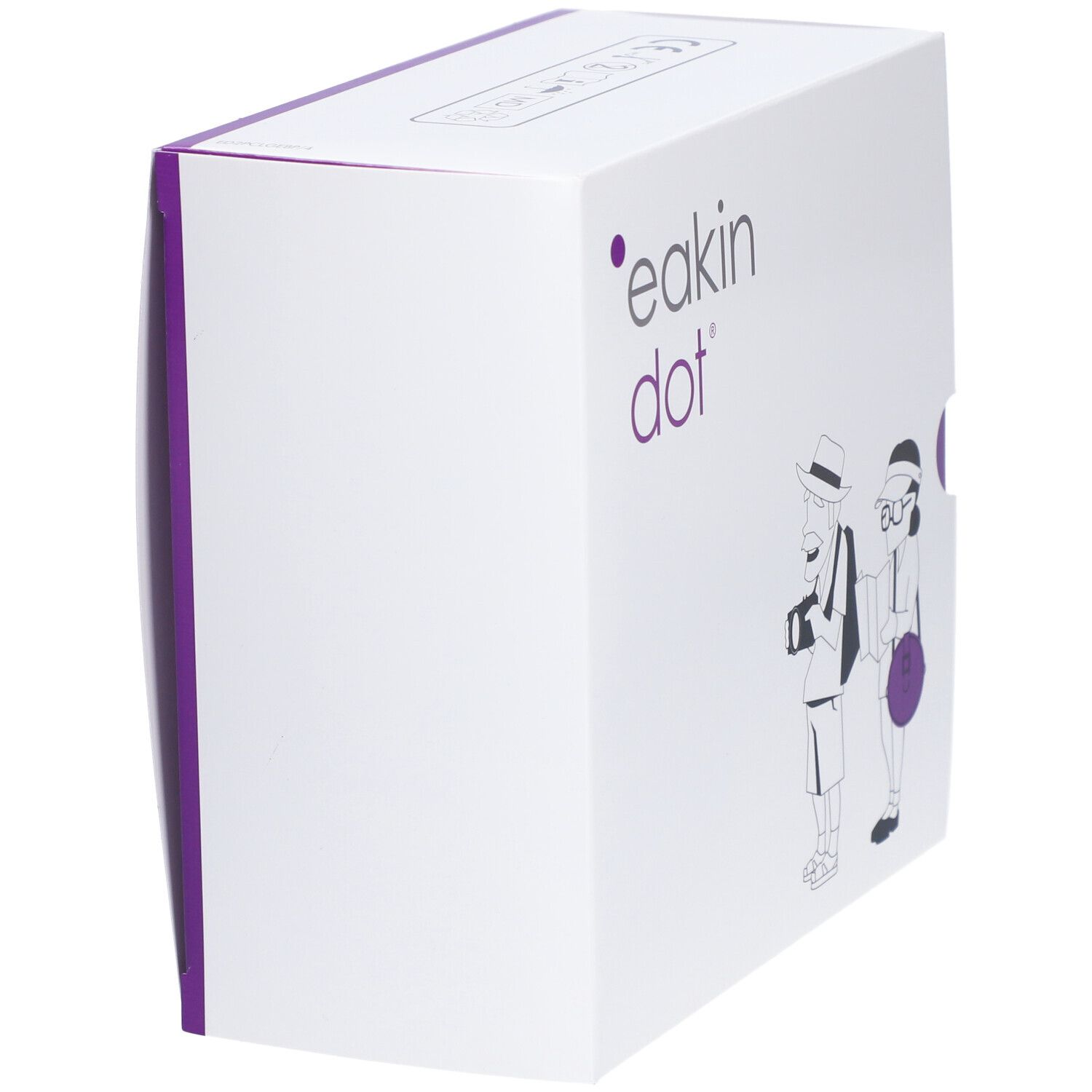 Boîte blanche avec côtés violets. Inscription "eakin dot". Illustration de touristes. Emballage du produit.