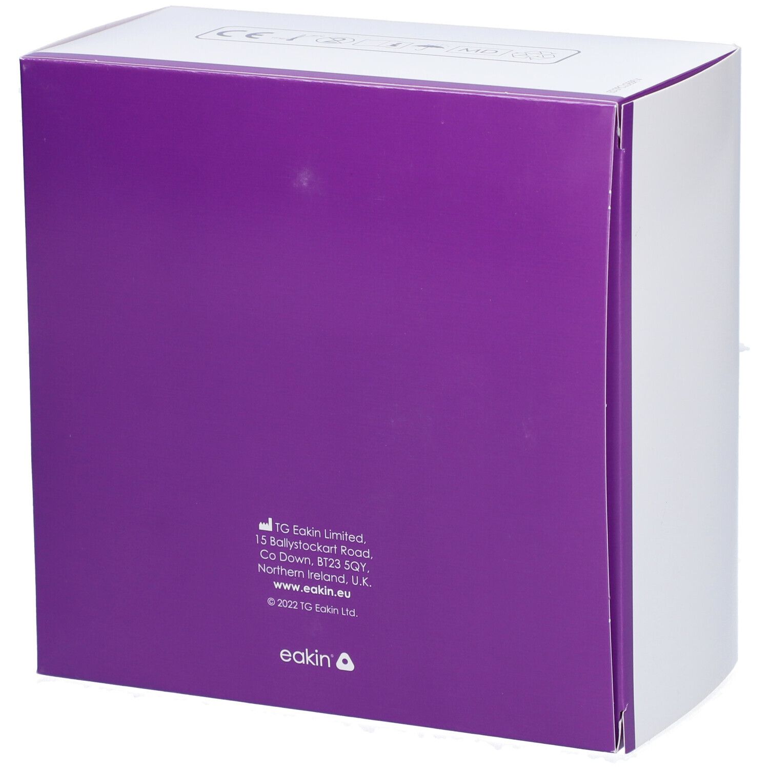 Dos d'une boîte blanche avec fond violet. Texte: Eakin Limited, adresse, site web. Emballage du produit.