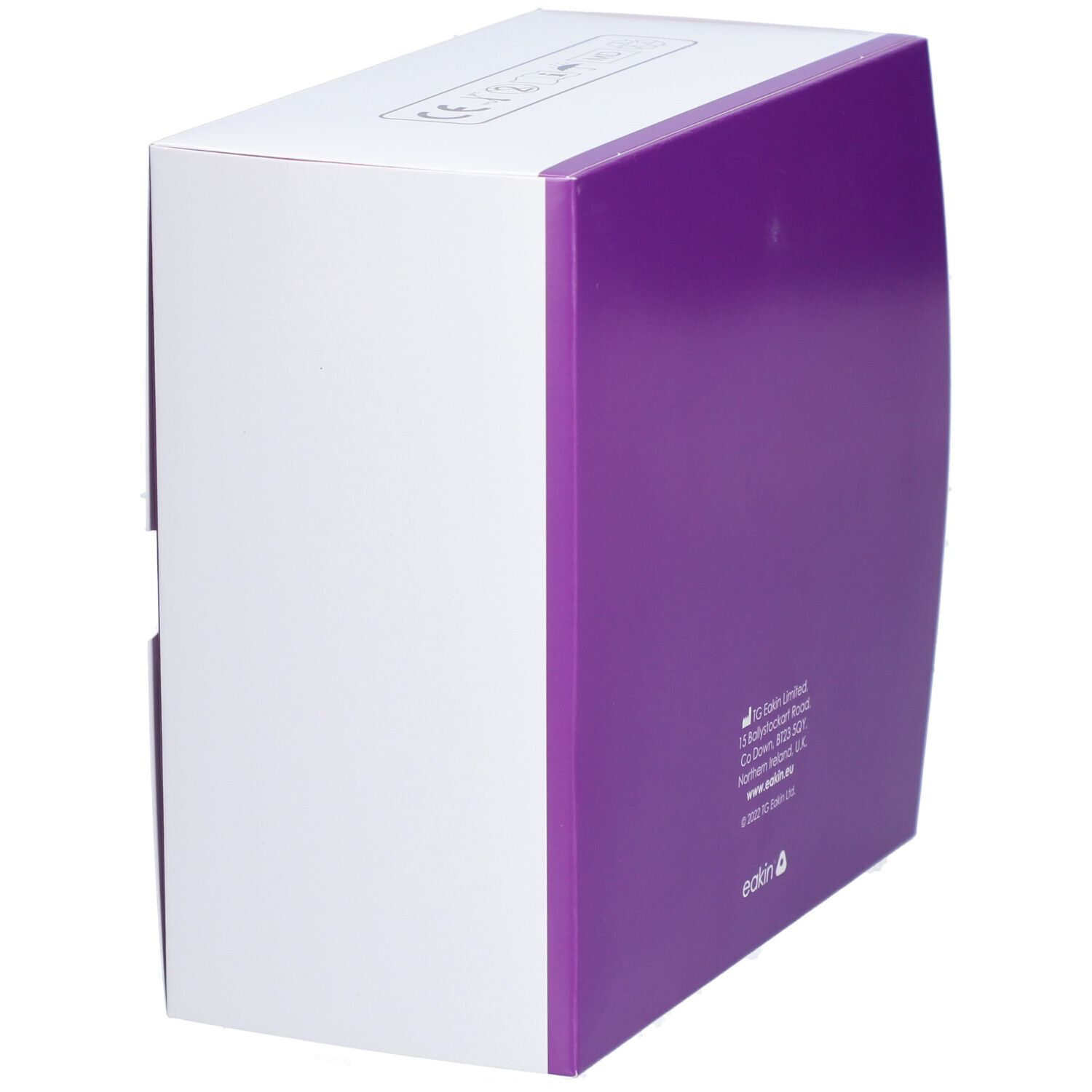 Boîte blanche avec côté violet. Texte: Eakin Limited, adresse, site web. Emballage du produit.