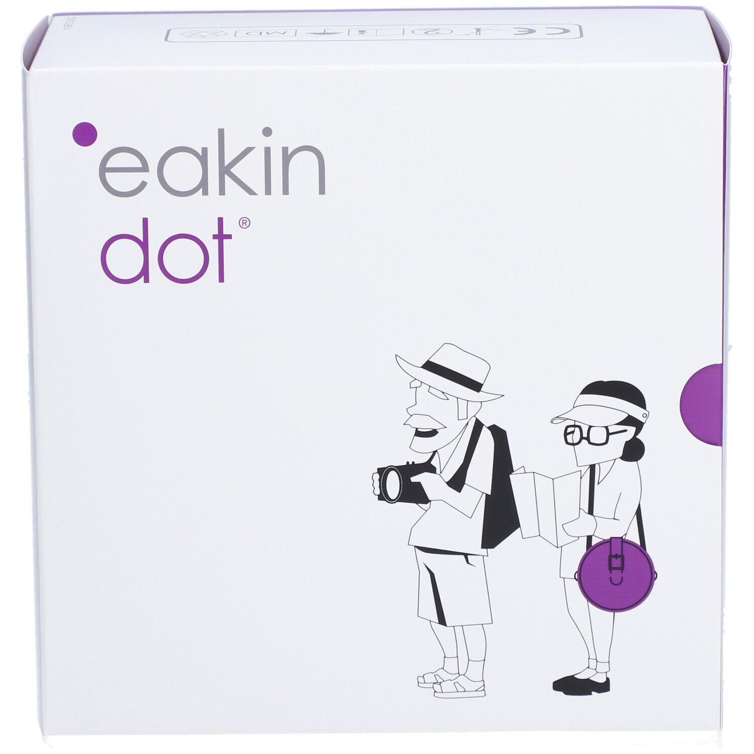 Boîte blanche avec accents violets. Inscription "eakin dot". Illustration de touristes. Emballage du produit.