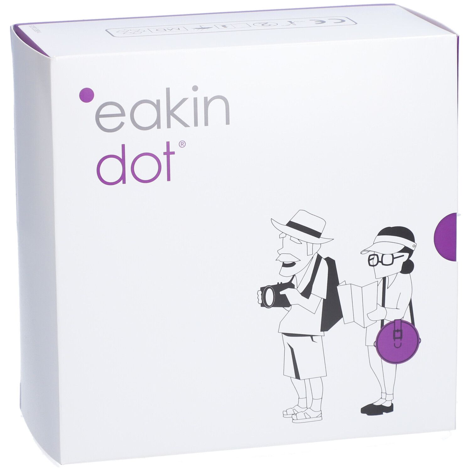 Boîte blanche avec accents violets. Inscription "eakin dot". Illustration de touristes. Emballage du produit.