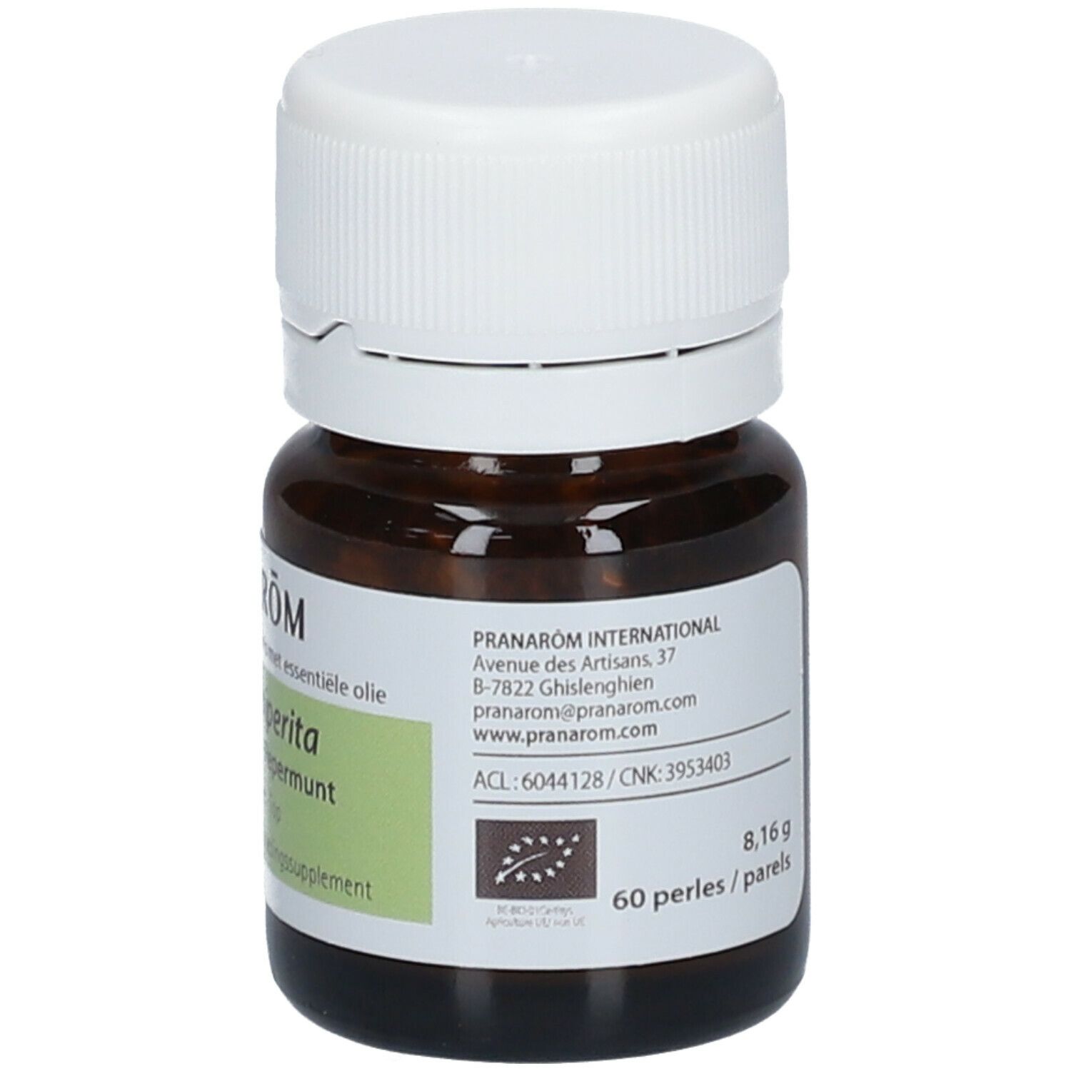 Flacon en verre brun avec bouchon blanc. Étiquette avec adresse, label bio et informations produit.