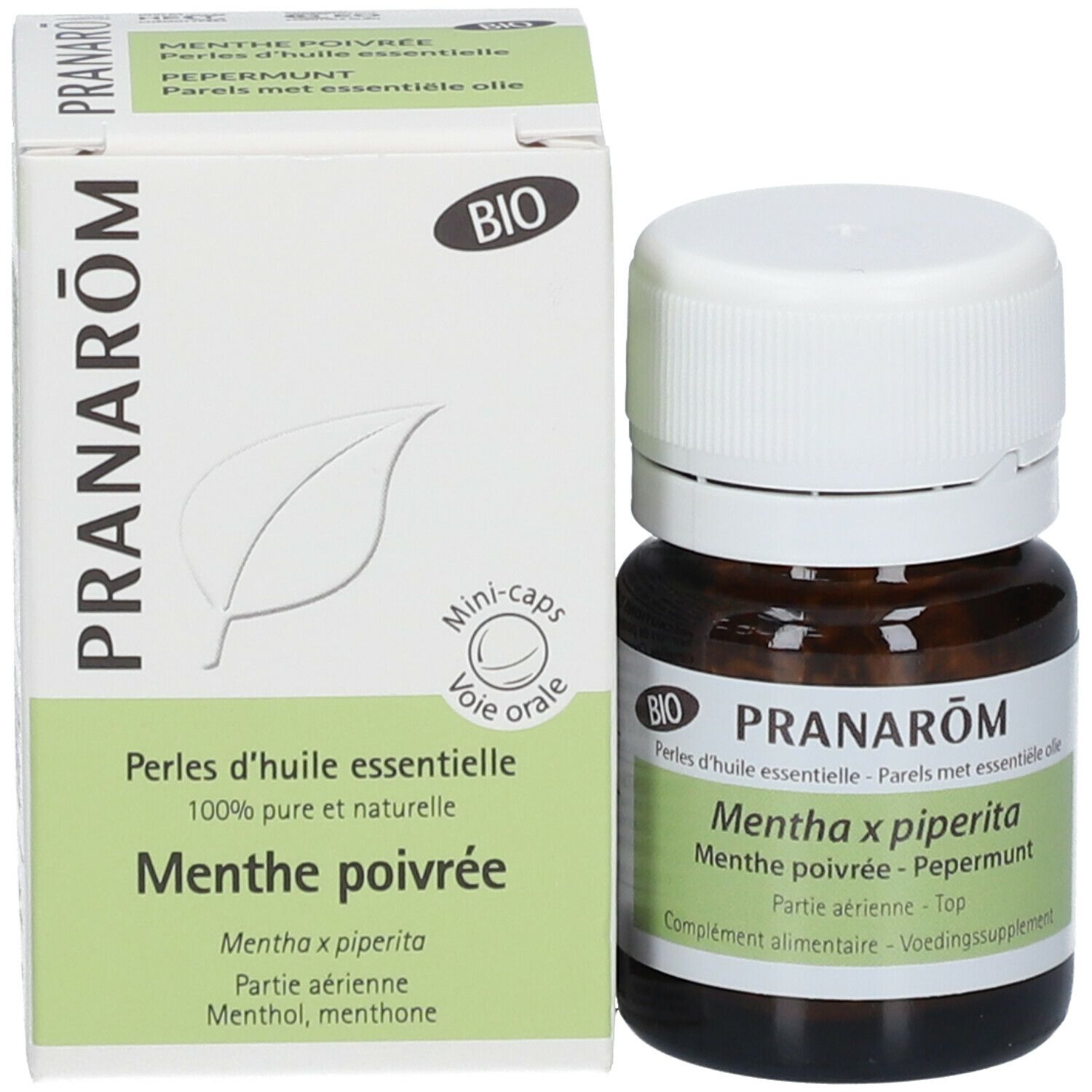 Emballage du produit avec flacon et boîte. Flacon avec bouchon blanc, boîte avec nom du produit et logo.