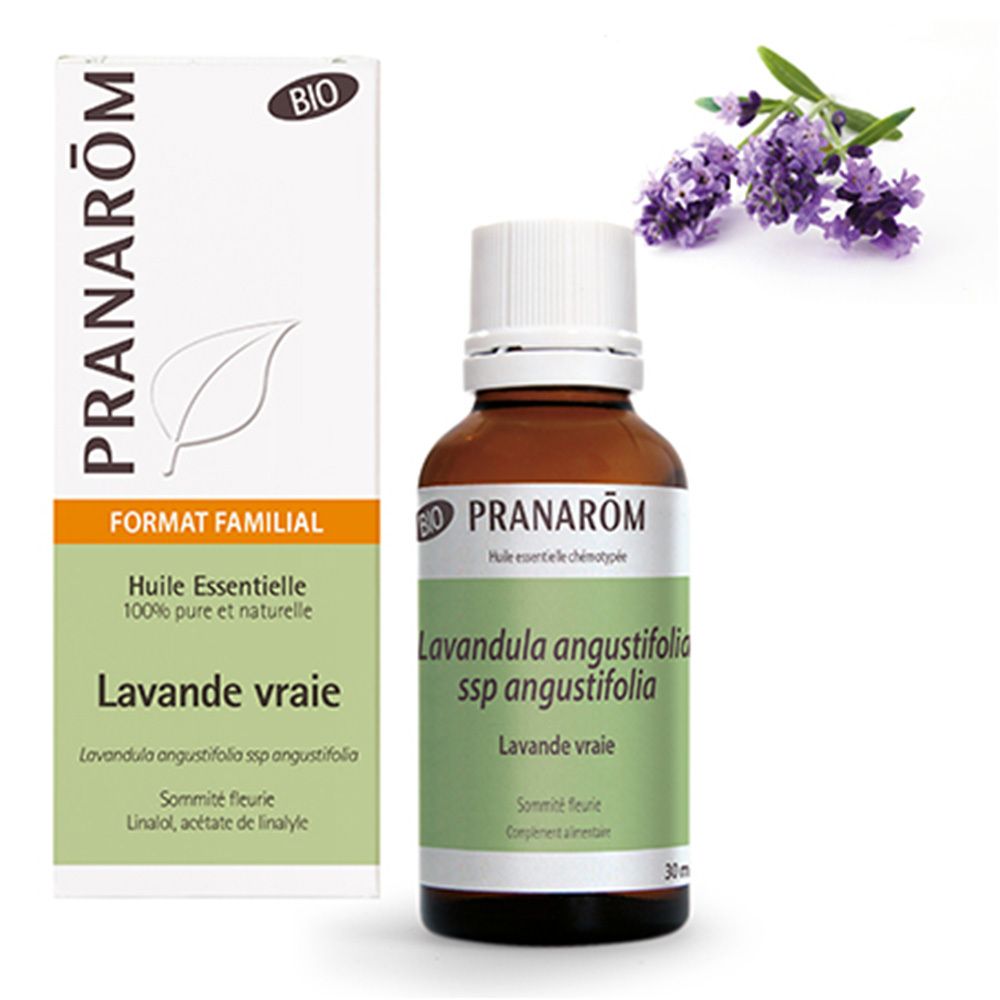 Flacon et boîte en verre brun. Étiquettes avec texte. Fleurs de lavande. Pranarôm Lavande vraie Huile essentielle Bio.