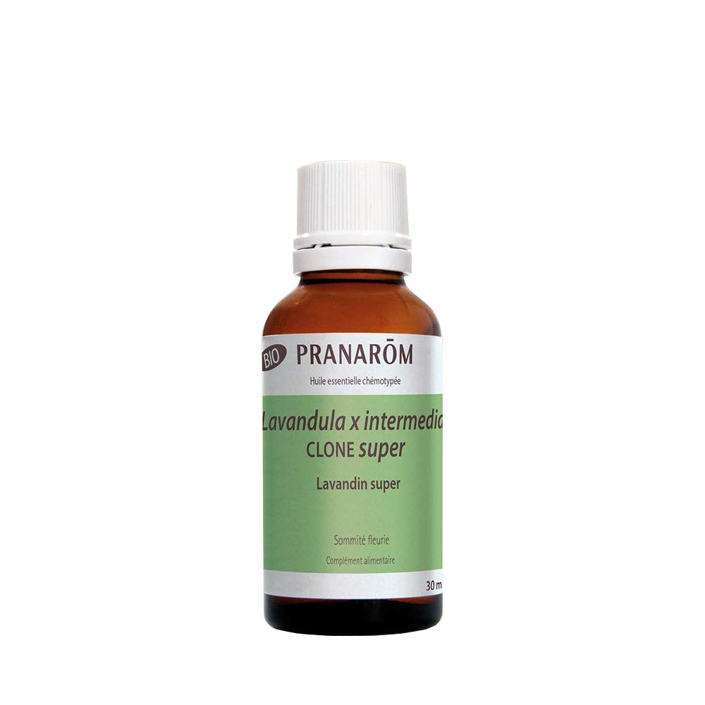 Flacon en verre brun, bouchon blanc. Étiquette avec informations produit. Certification BIO.