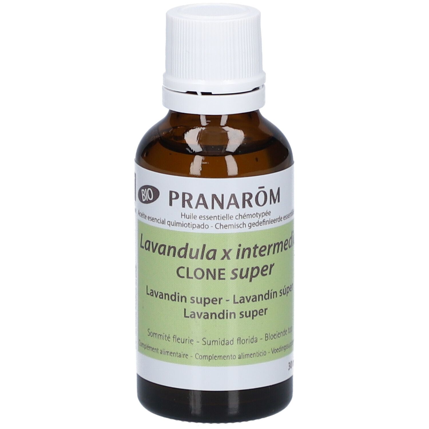 Flacon en verre brun avec bouchon blanc. Étiquette avec nom du produit et label bio. Texte multilingue.