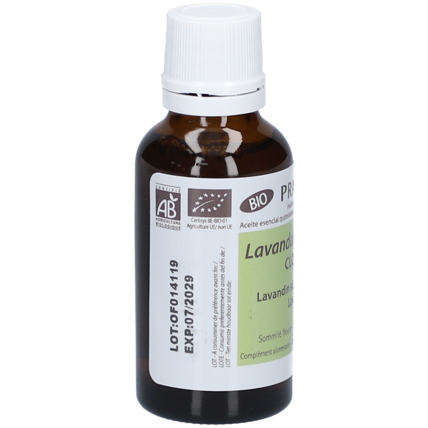 Flacon en verre brun avec bouchon blanc. Étiquette avec informations et label bio. Numéro de lot et date d'expiration.