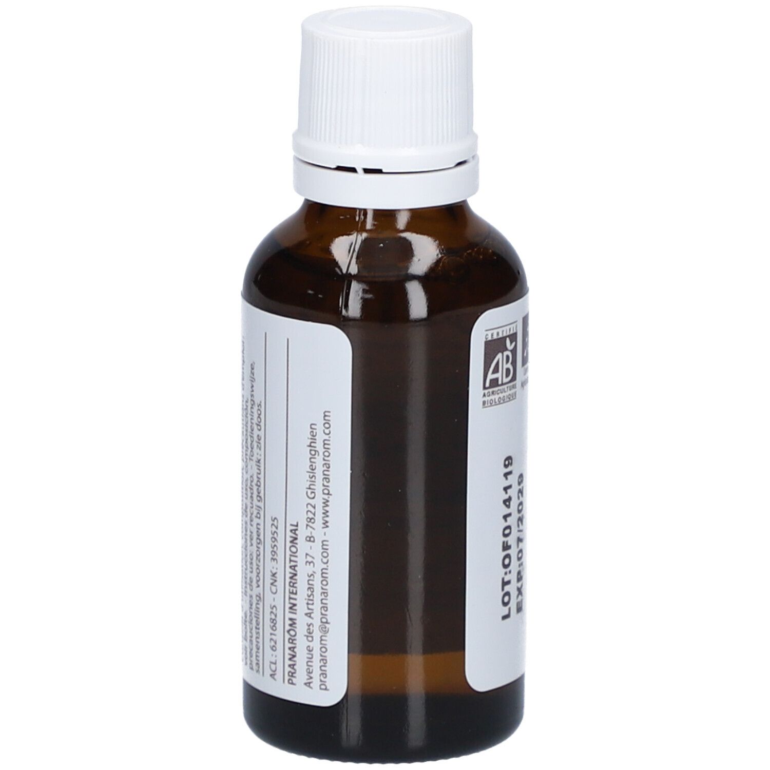 Flacon en verre brun avec bouchon blanc. Étiquette avec informations et label bio. Adresse du fabricant.