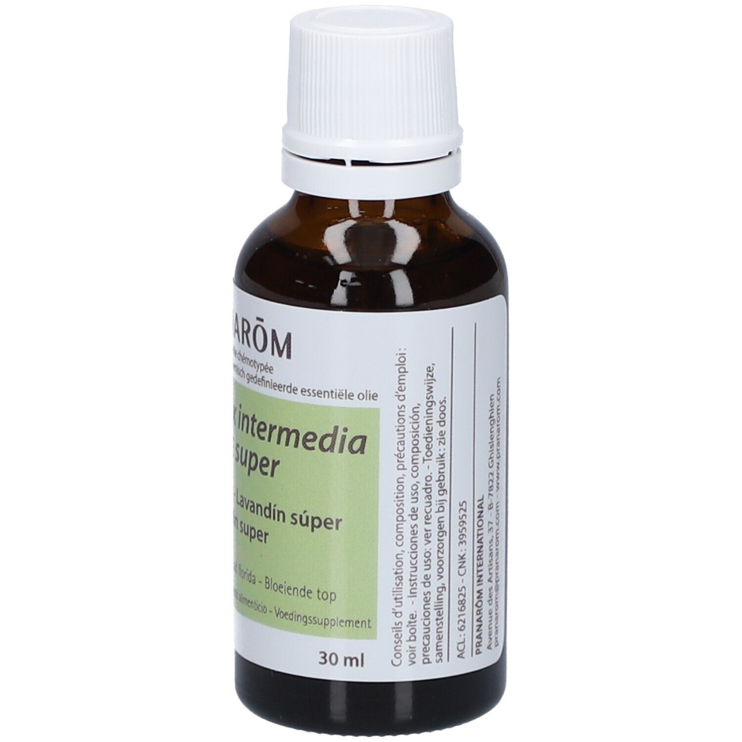 Flacon en verre brun avec bouchon blanc. Étiquette avec nom du produit et indication de volume. Label bio.