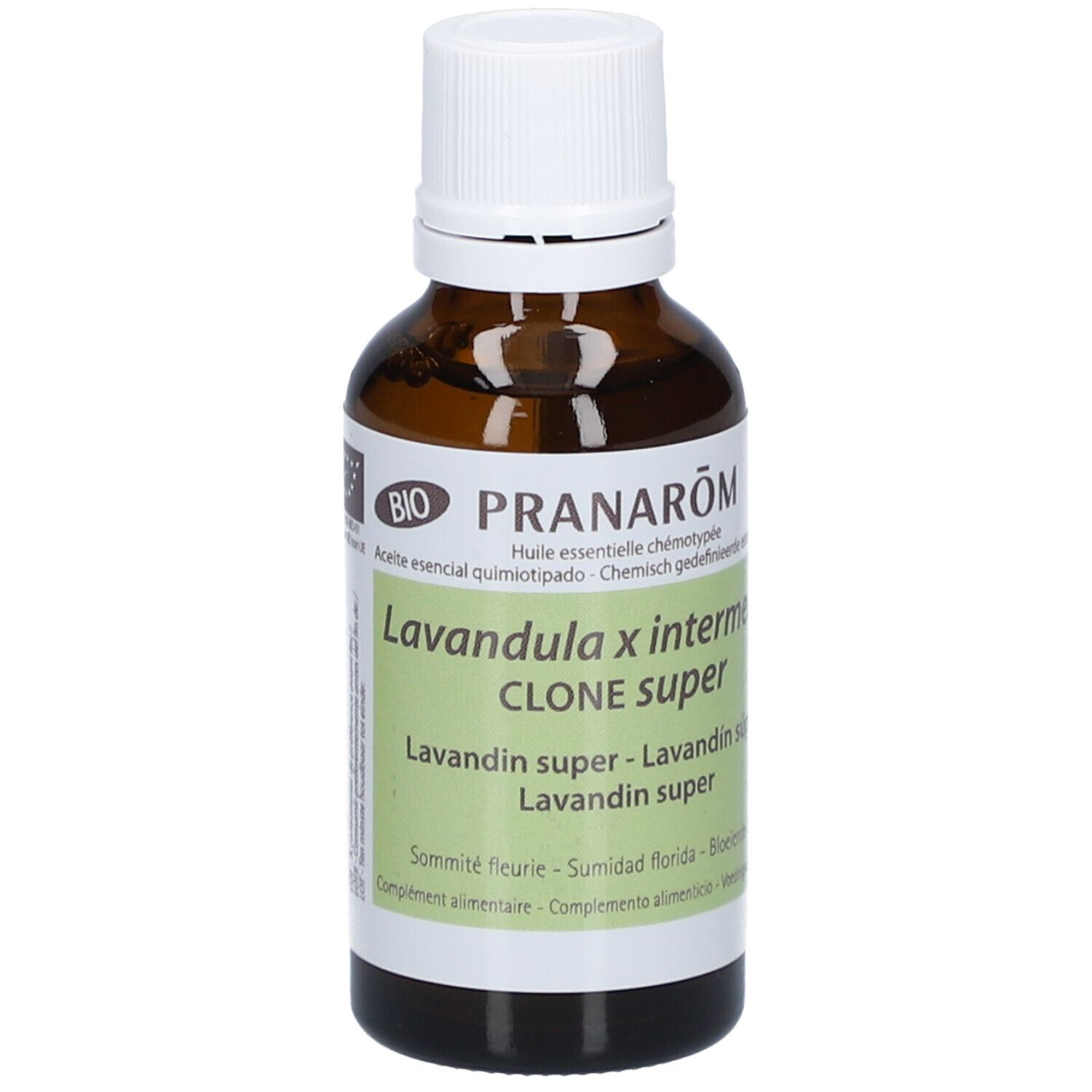 Flacon en verre brun avec bouchon blanc. Étiquette avec nom du produit et label bio. Texte multilingue.