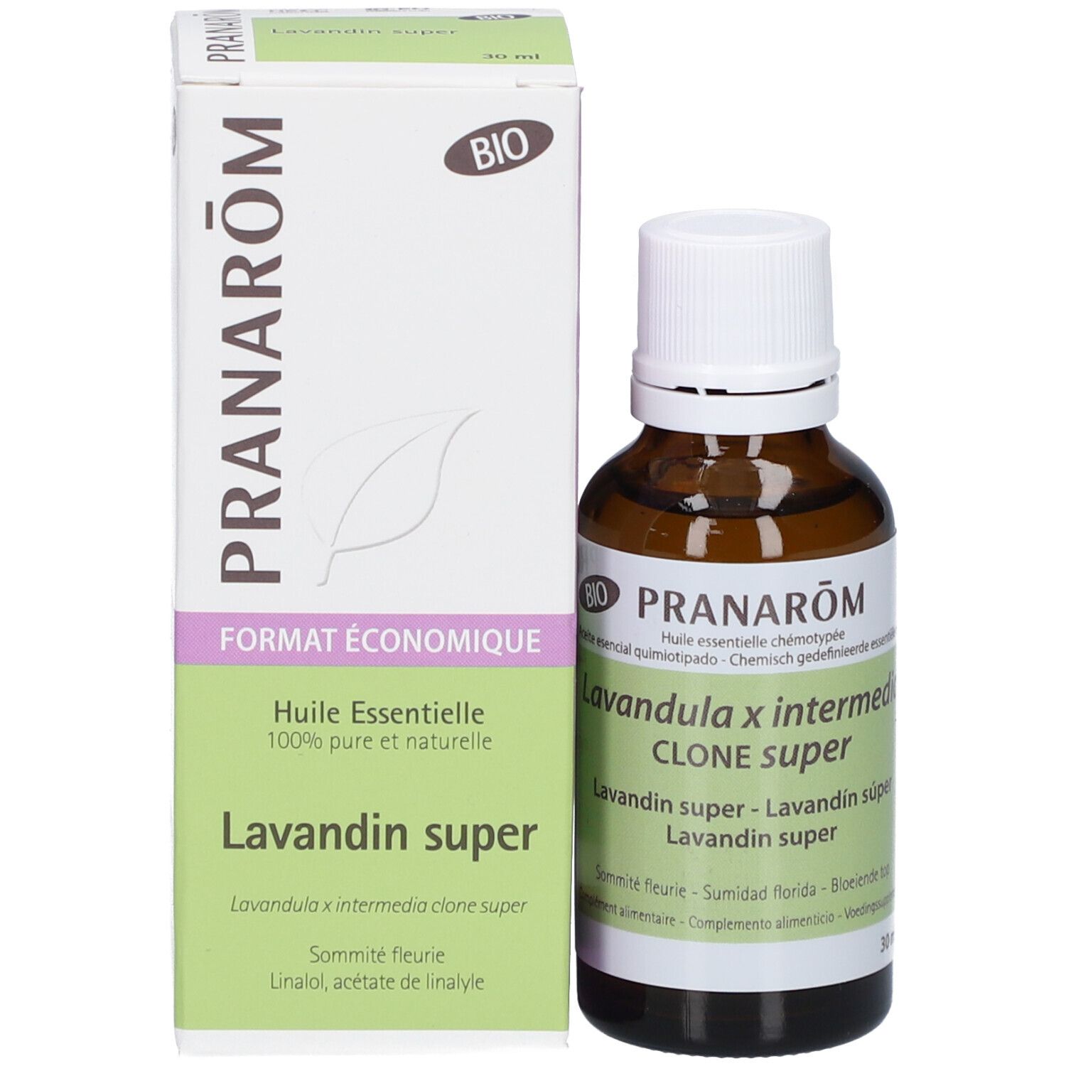 Flacon et emballage du produit. Flacon brun avec bouchon blanc. Boîte avec nom du produit et logo.