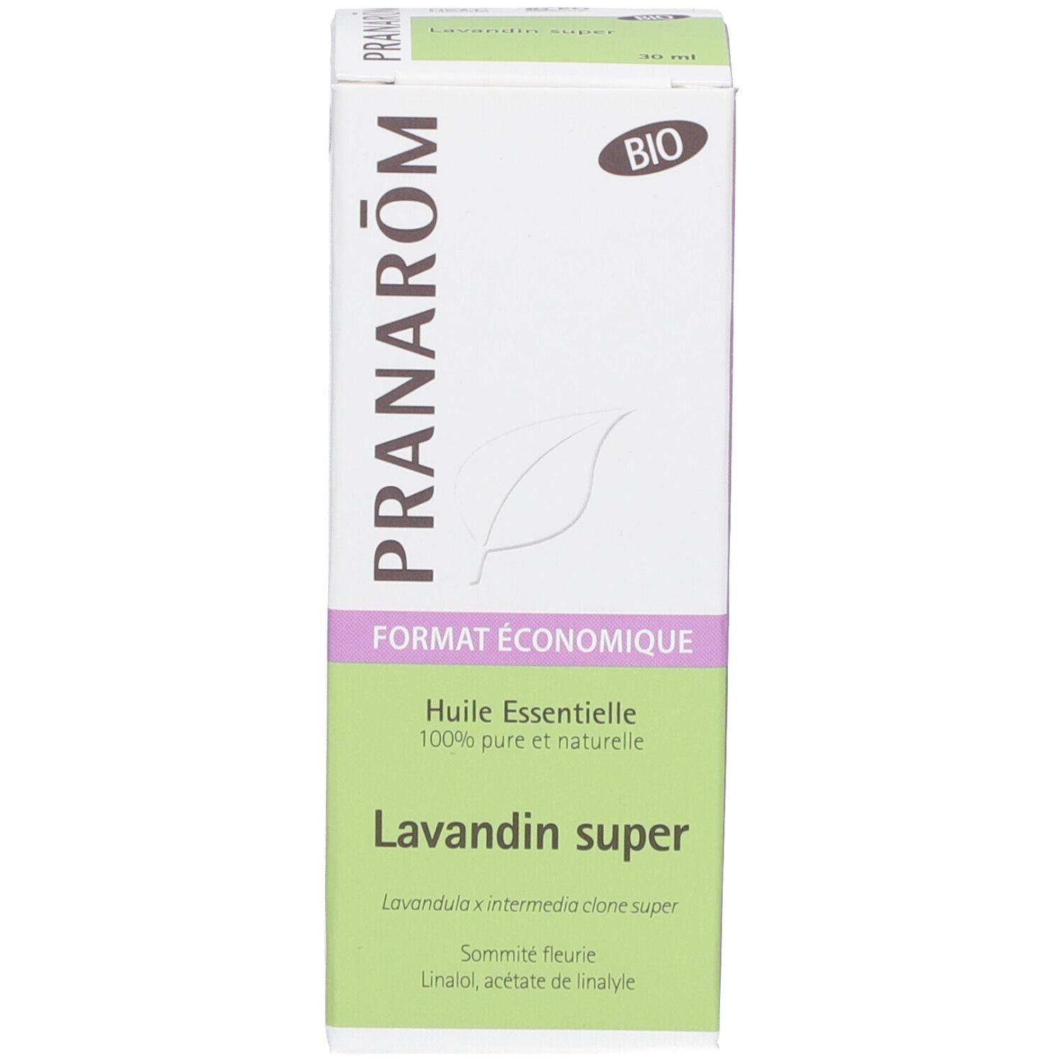 Emballage en carton avec nom du produit et logo. Label bio. Texte multilingue.