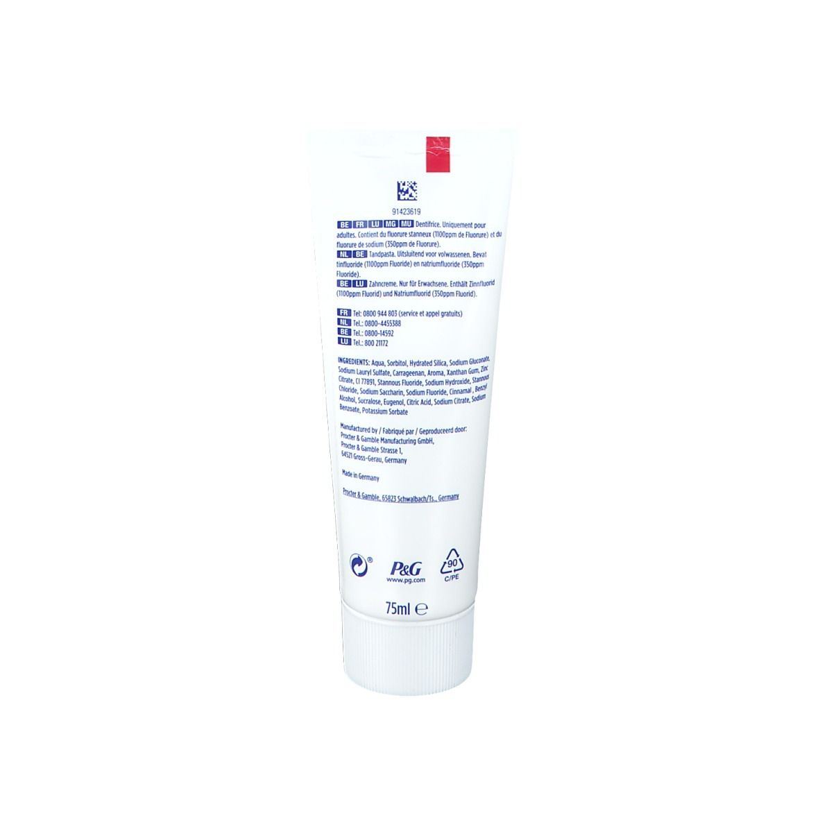 Tube de dentifrice blanche, texte et logo. Ingrédients et informations fabricant au dos. 75ml.