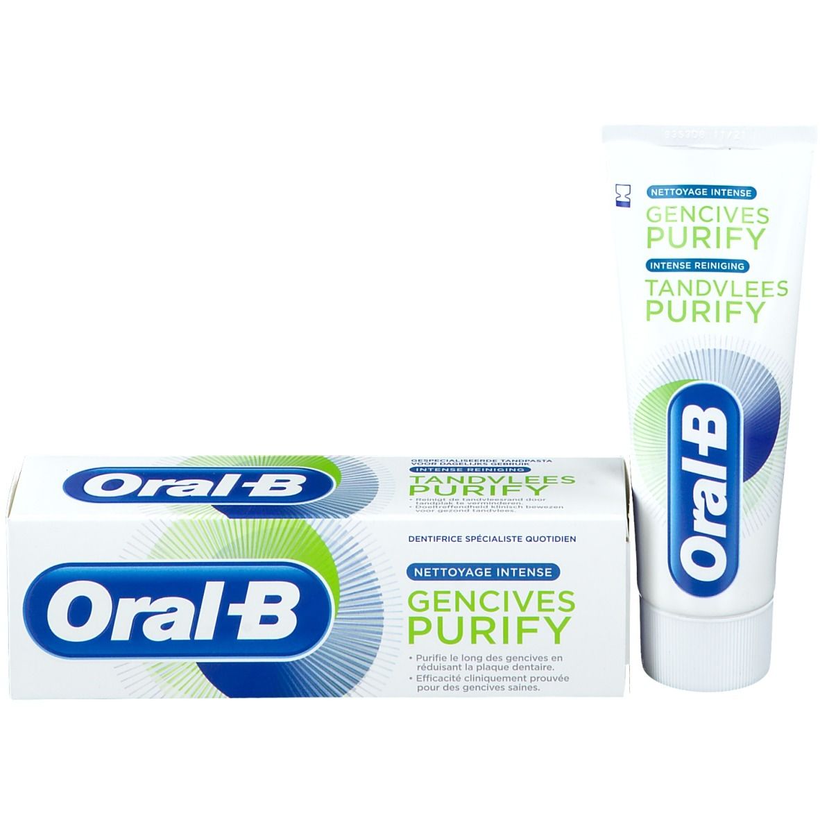 Tube et boîte de dentifrice. Tube blanc avec logo bleu. Boîte blanche avec logo bleu-vert. Texte: Gencives Purify.