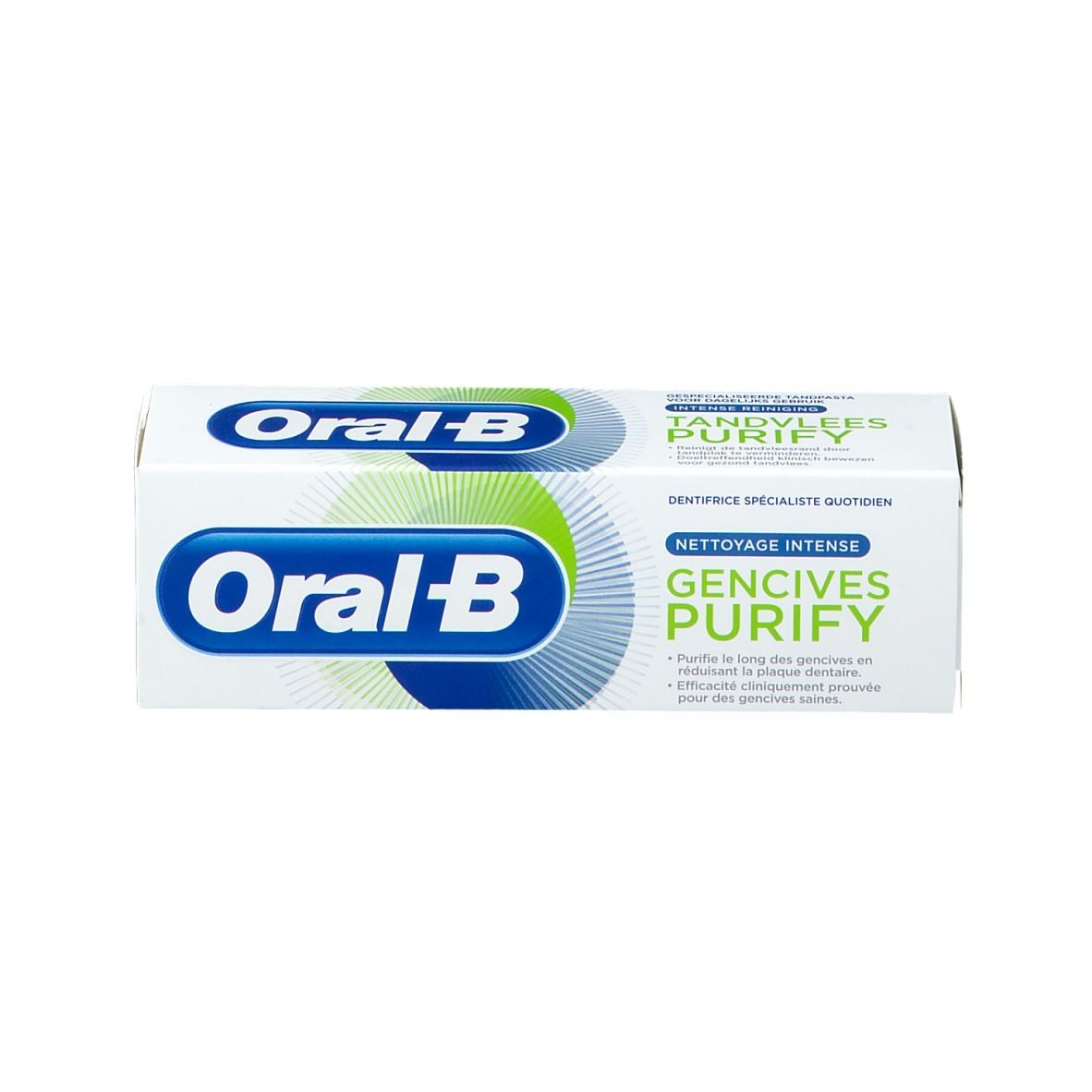 Boîte blanche avec logo bleu-vert et texte. Texte: Oral-B, Gencives Purify. Impression: Dentifrice spécialiste quotidien.