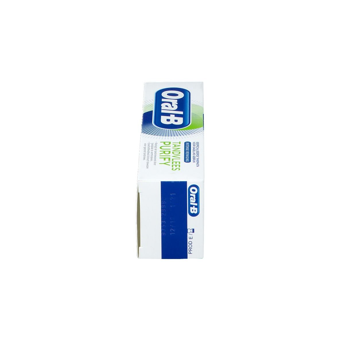Boîte blanche avec logo bleu-vert et texte. Texte: Oral-B, Gencives Purify. Impression: Dentifrice spécialiste quotidien.