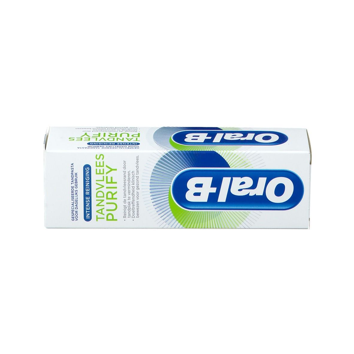 Boîte blanche avec logo bleu-vert et texte. Texte: Oral-B, Gencives Purify. Impression: Dentifrice spécialiste quotidien.