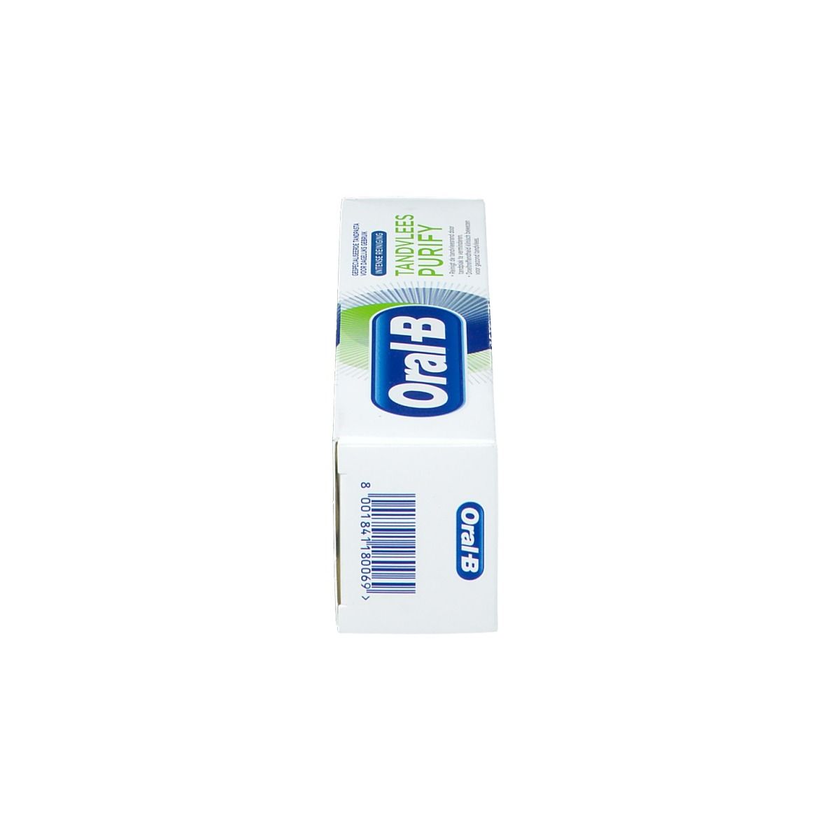 Boîte blanche avec logo bleu-vert et texte. Texte: Oral-B, Gencives Purify. Impression: Dentifrice spécialiste quotidien.