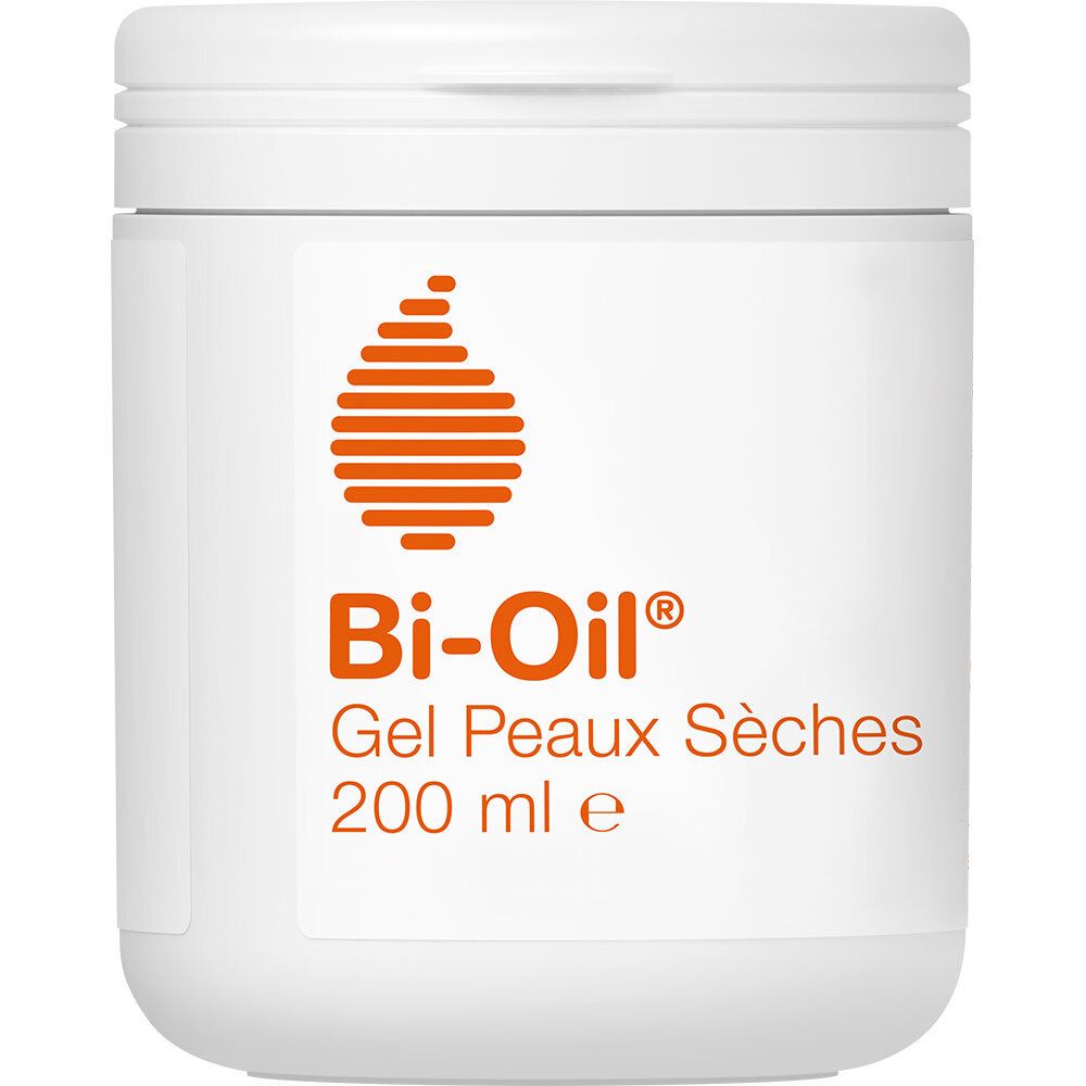 Pot blanc avec logo orange et texte Bi-Oil® Gel Peaux Sèches. 200 ml.