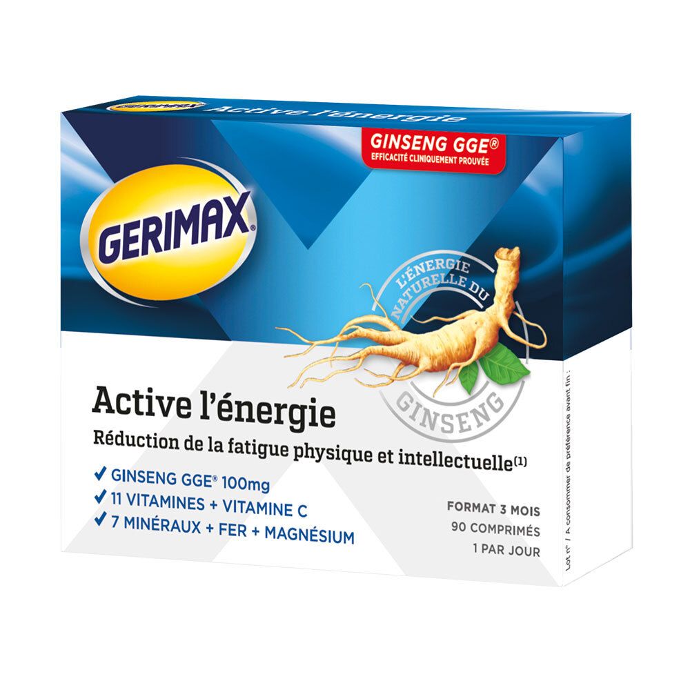 Boîte Gerimax Active l'énergie. Bleu et blanc, avec logo et illustration de ginseng. Contient 90 comprimés.