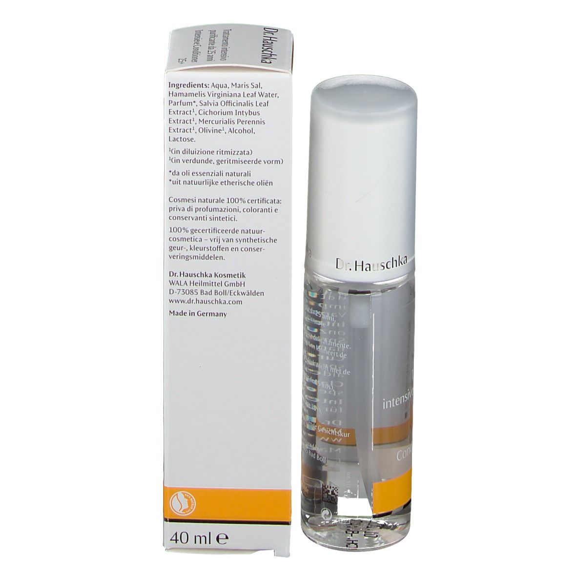 Flacon avec vaporisateur et boîte. Boîte avec texte et logo. Flacon avec liquide. 40 ml.