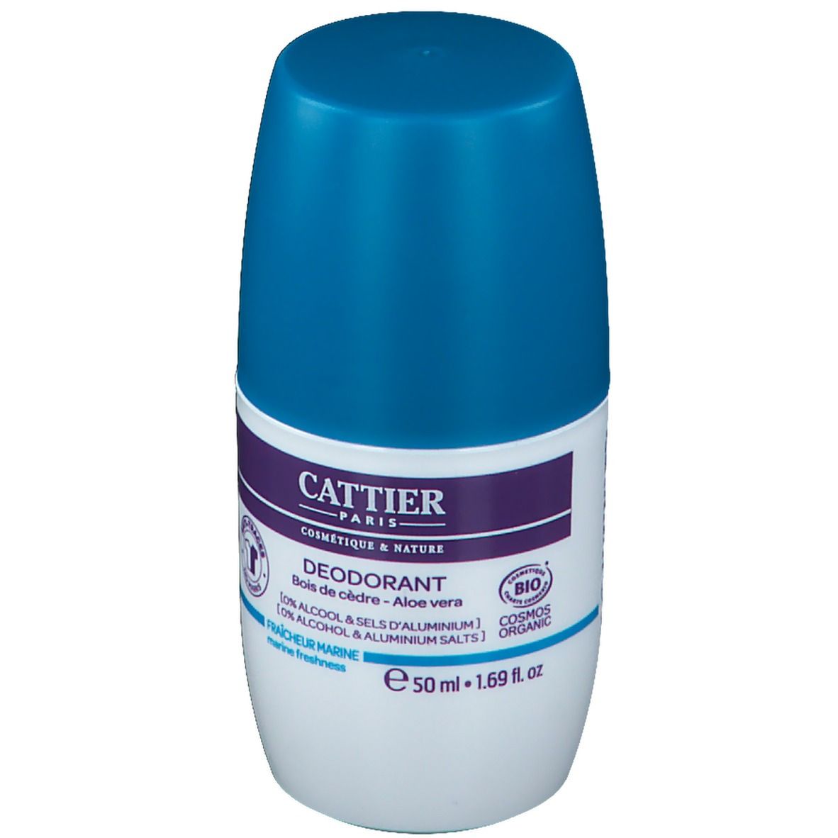 Déodorant roll-on avec bouchon bleu. Inscription : CATTIER PARIS, Déodorant, Bois de cèdre - Aloe vera. Certification bio.