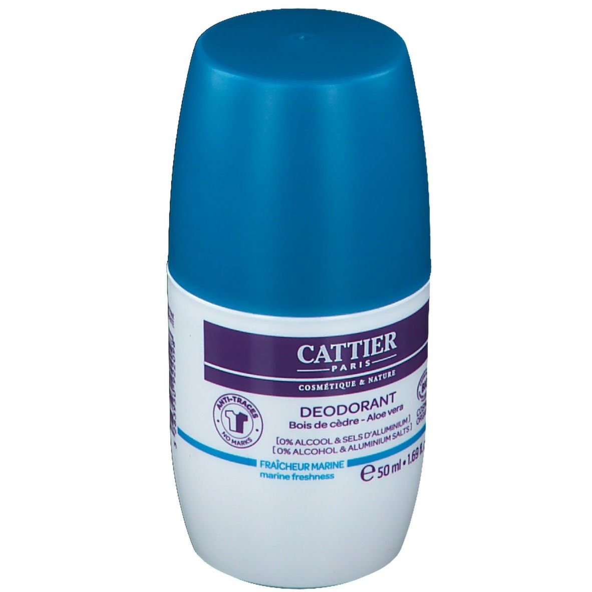 Déodorant roll-on avec bouchon bleu. Inscription : CATTIER PARIS, Déodorant, Bois de cèdre - Aloe vera. Logo anti-traces.