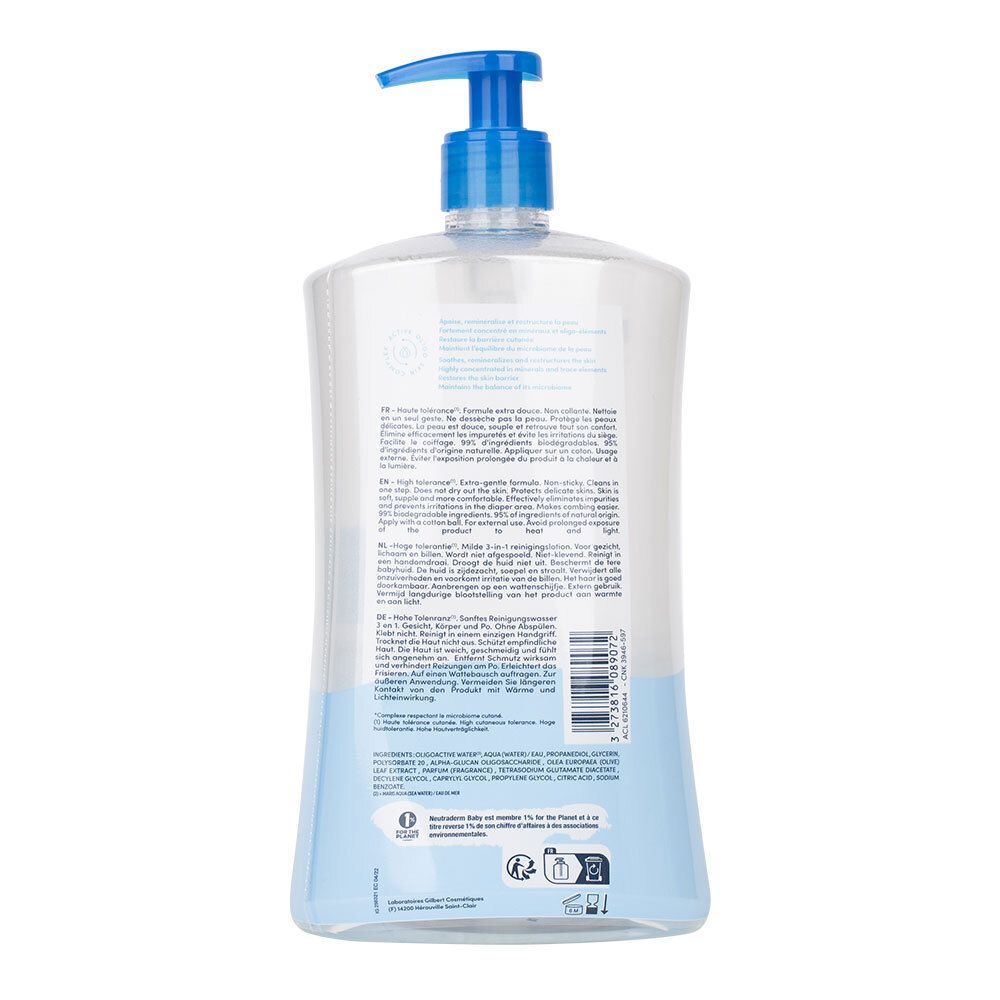 Dos du flacon de Neutraderm Baby Eau nettoyante. Texte multilingue. Dégradé bleu et blanc.
