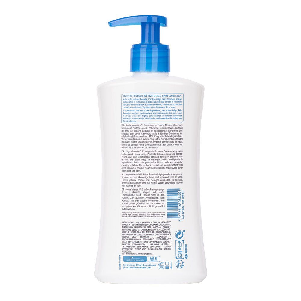 Dos d'un flacon blanc avec pompe bleue. Informations textuelles et ingrédients. Marque : Neutraderm.